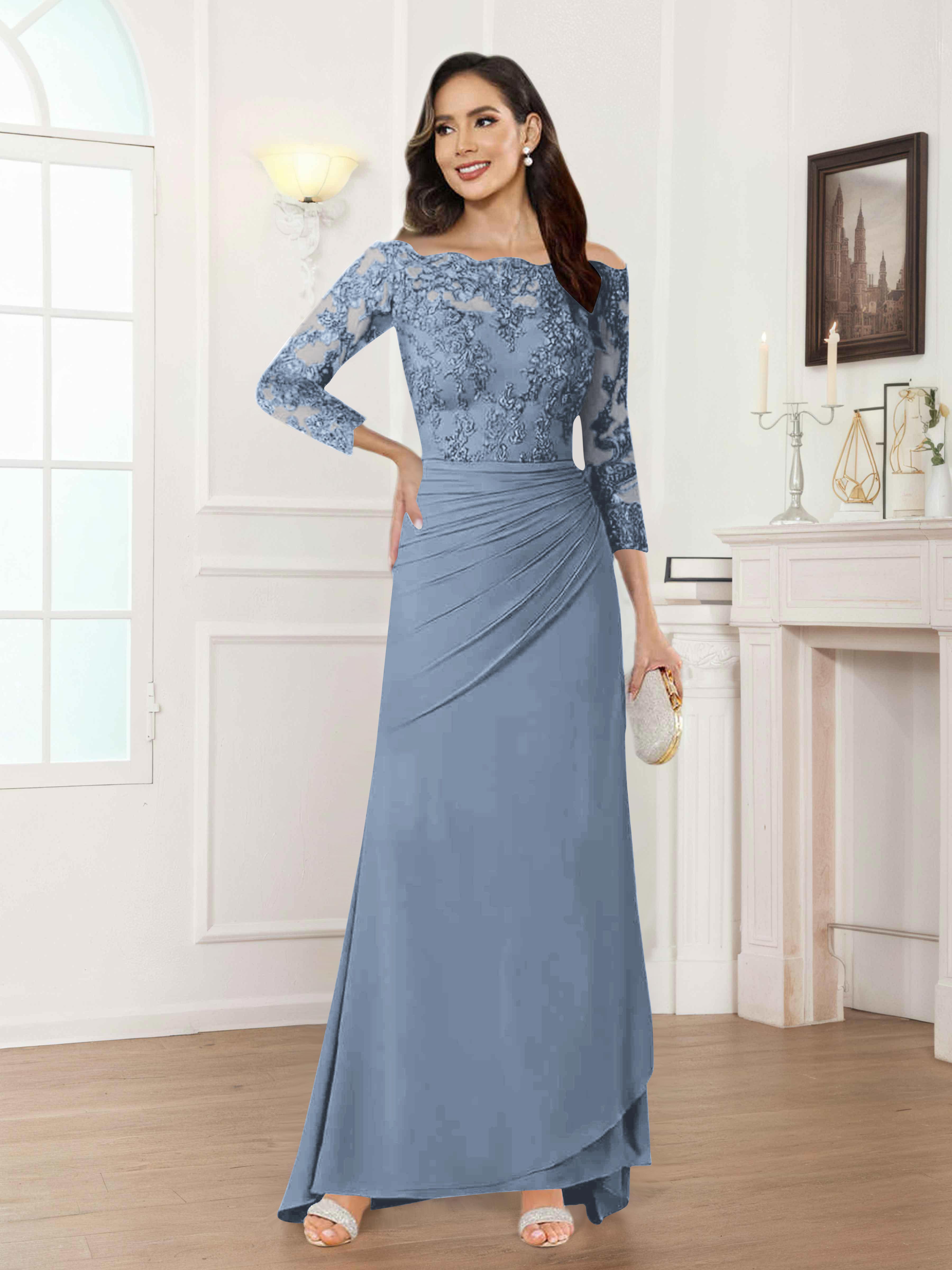 Riva Unique Off the Shoulder Pleated Long Lace Chiffon Mother of the Bride Dresses
