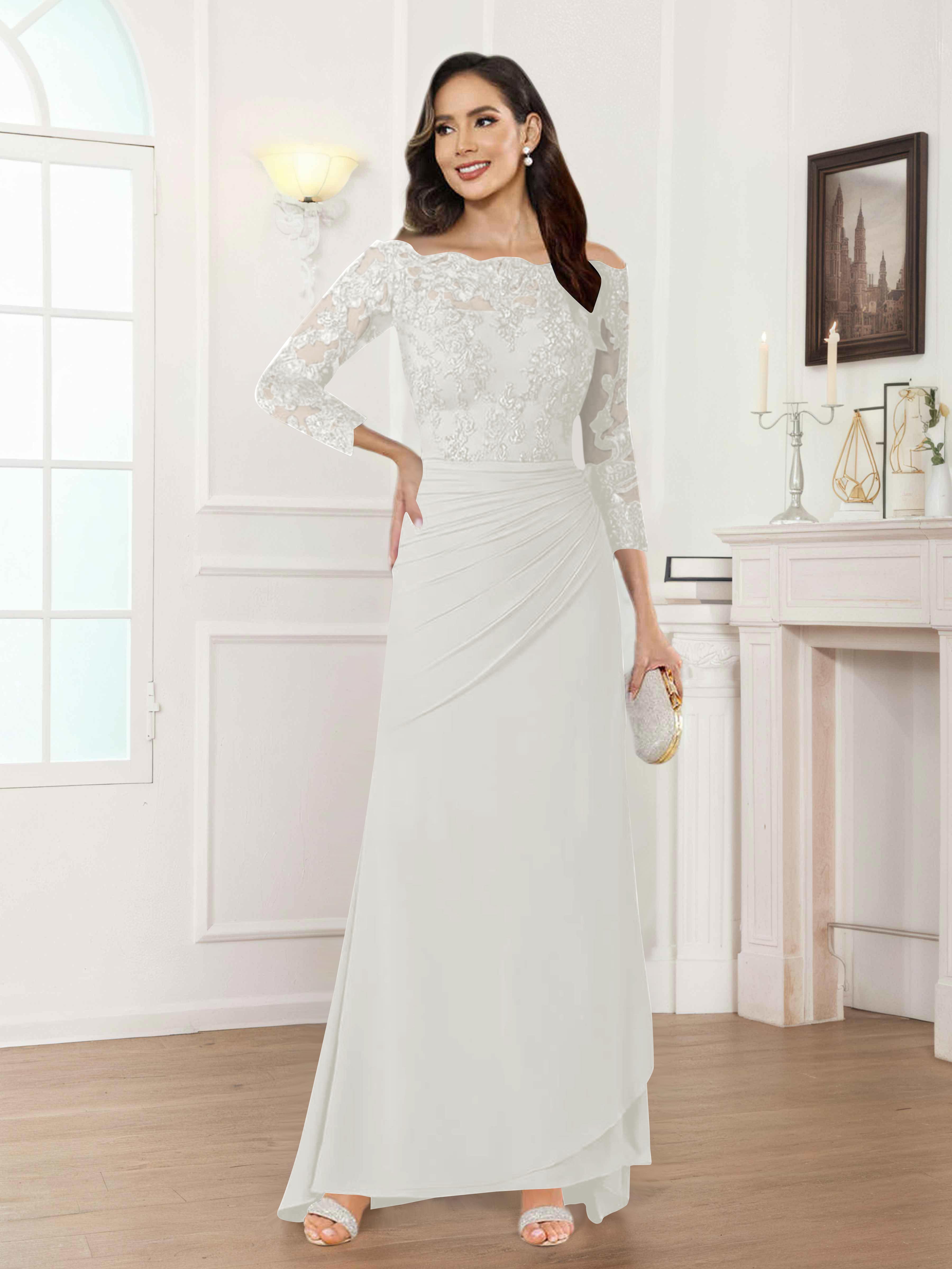 Riva Unique Off the Shoulder Pleated Long Lace Chiffon Mother of the Bride Dresses