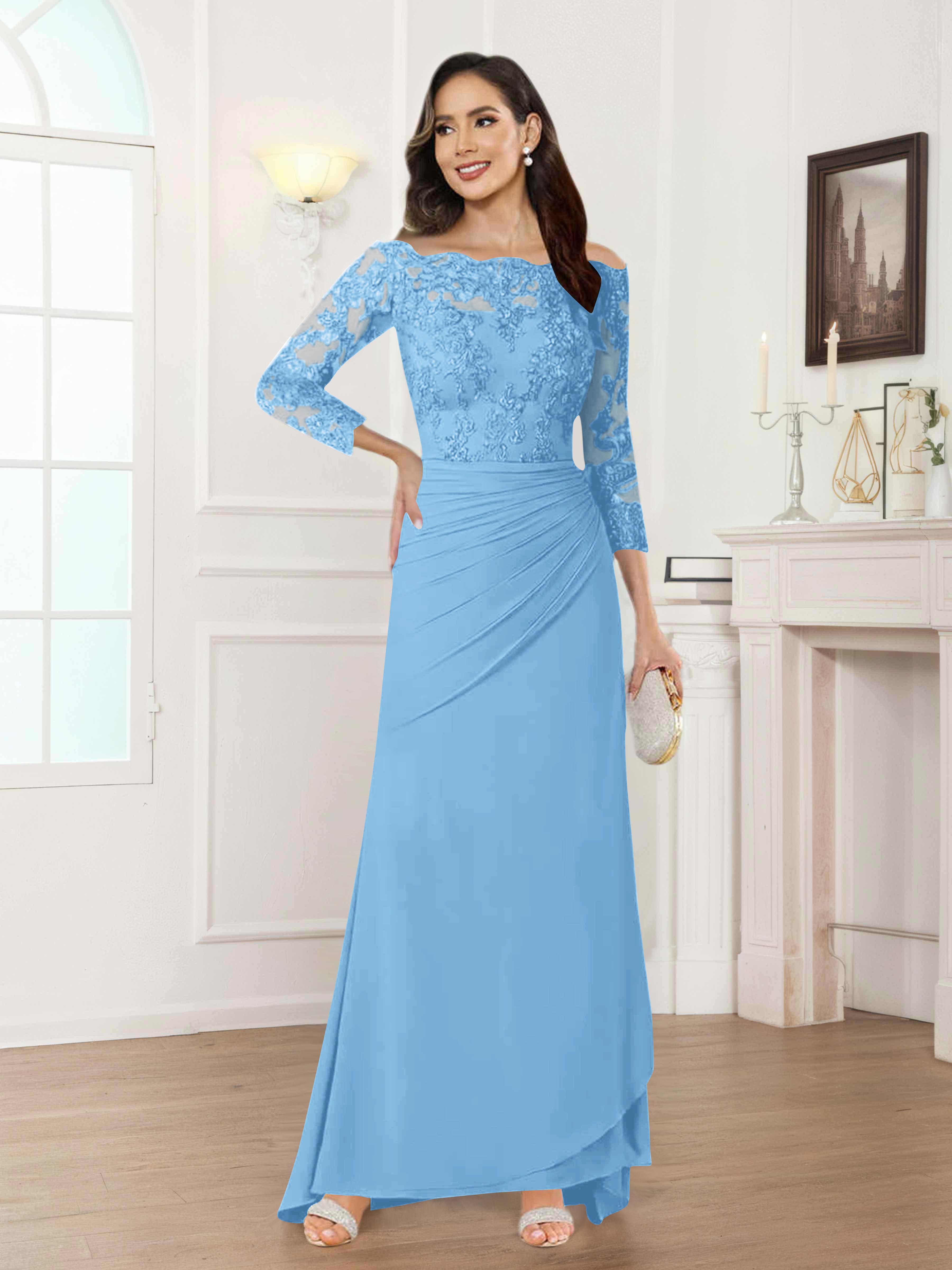Riva Unique Off the Shoulder Pleated Long Lace Chiffon Mother of the Bride Dresses