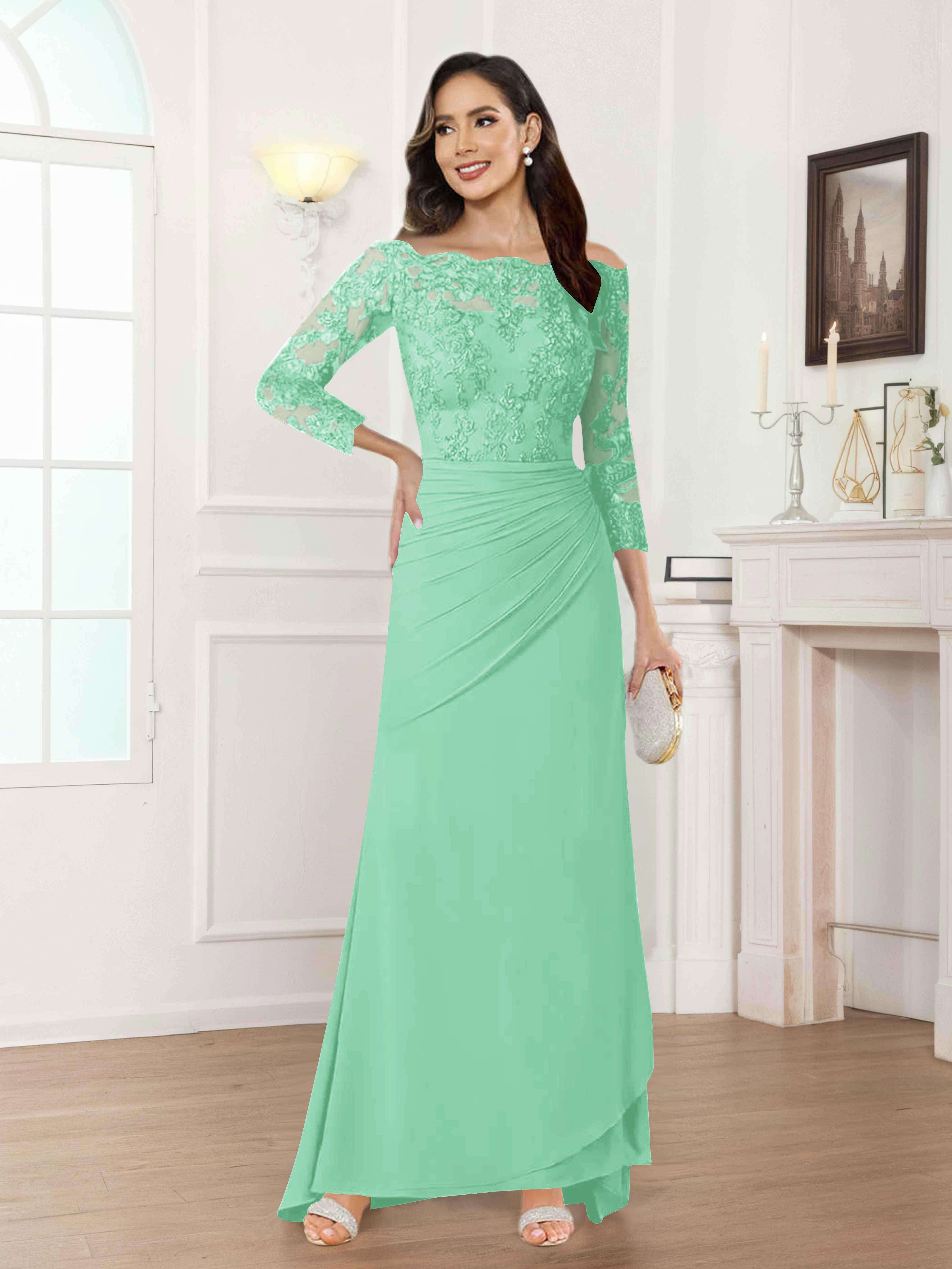 Riva Unique Off the Shoulder Pleated Long Lace Chiffon Mother of the Bride Dresses