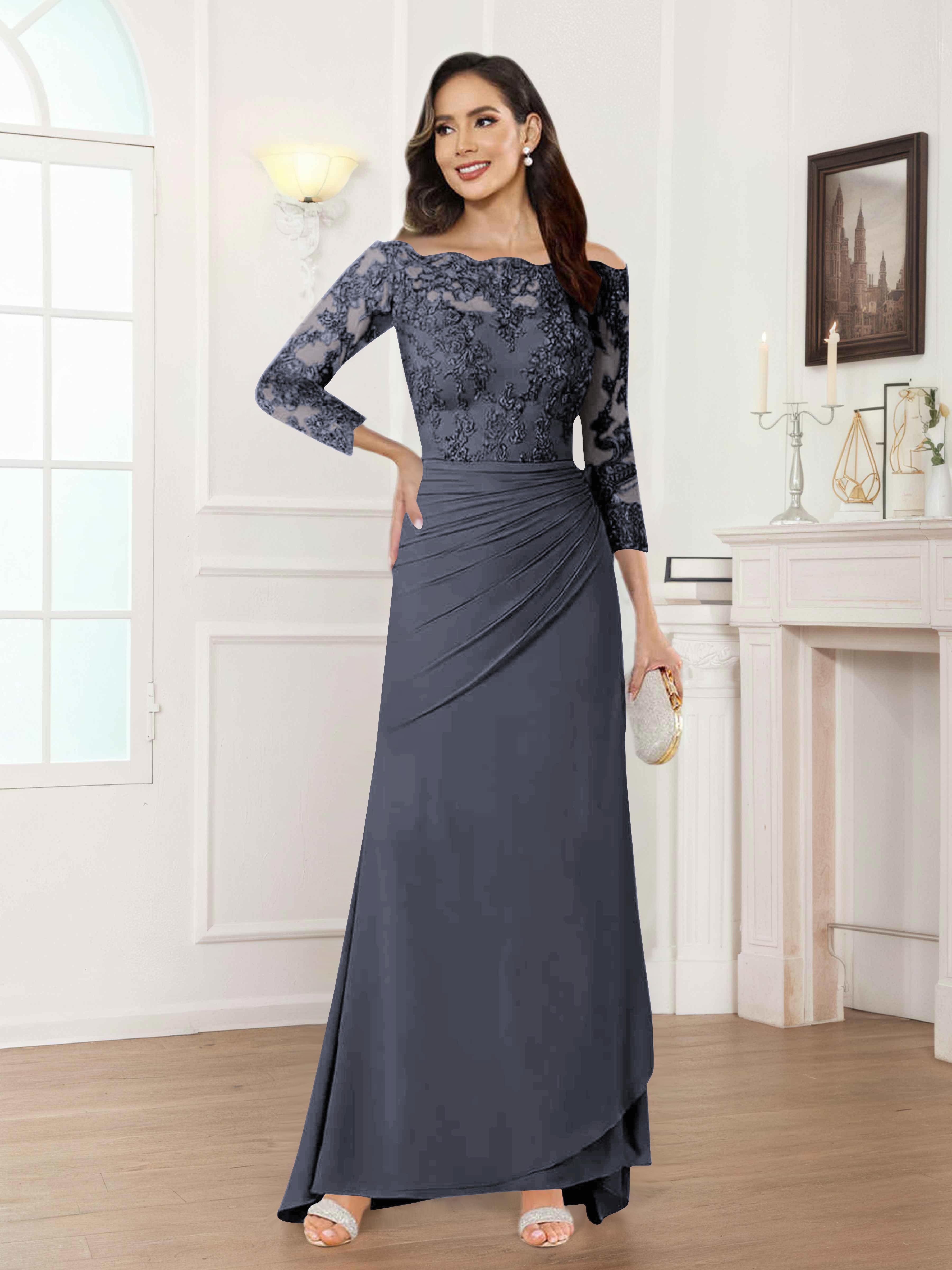 Riva Unique Off the Shoulder Pleated Long Lace Chiffon Mother of the Bride Dresses