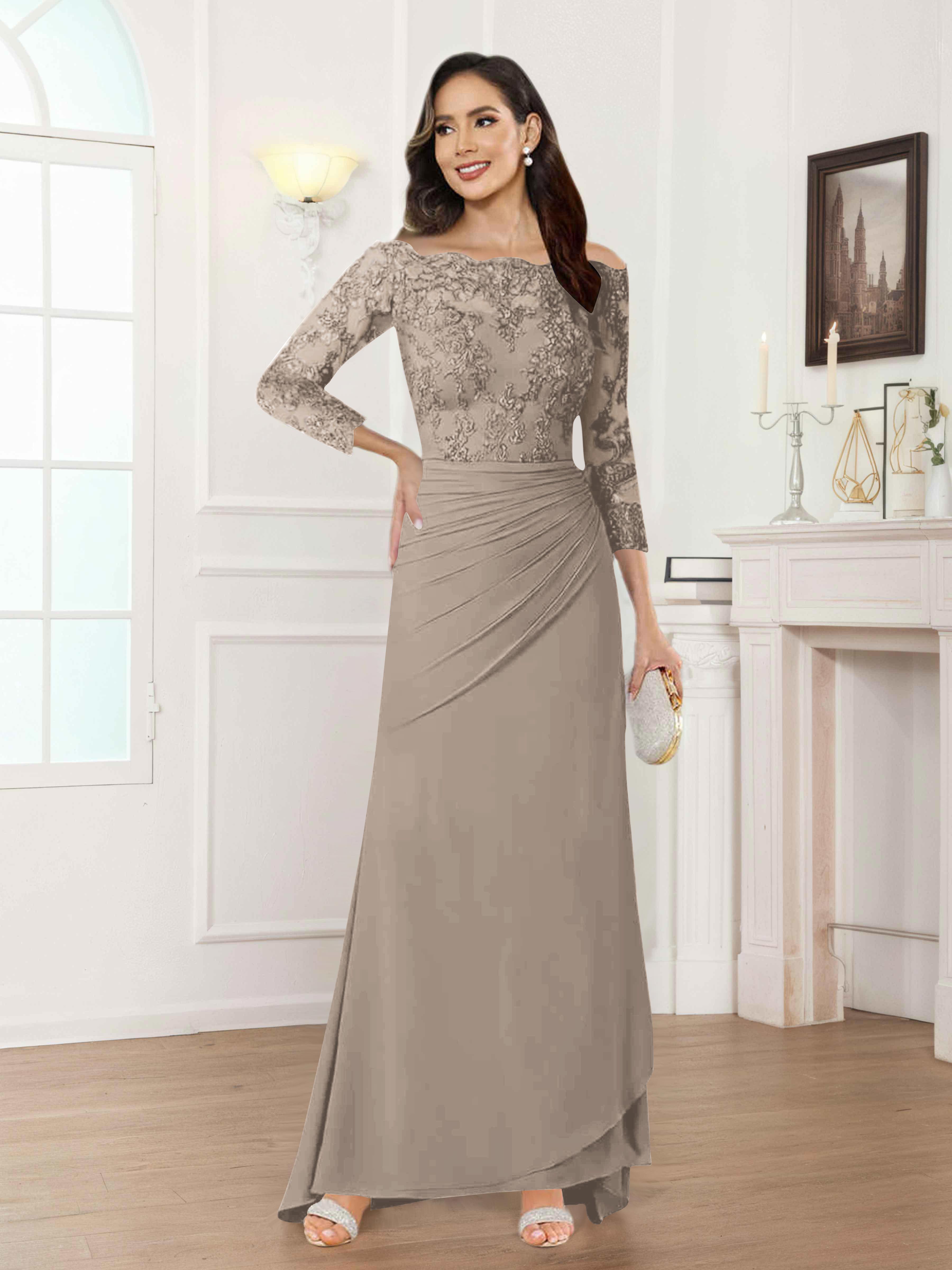 Riva Unique Off the Shoulder Pleated Long Lace Chiffon Mother of the Bride Dresses