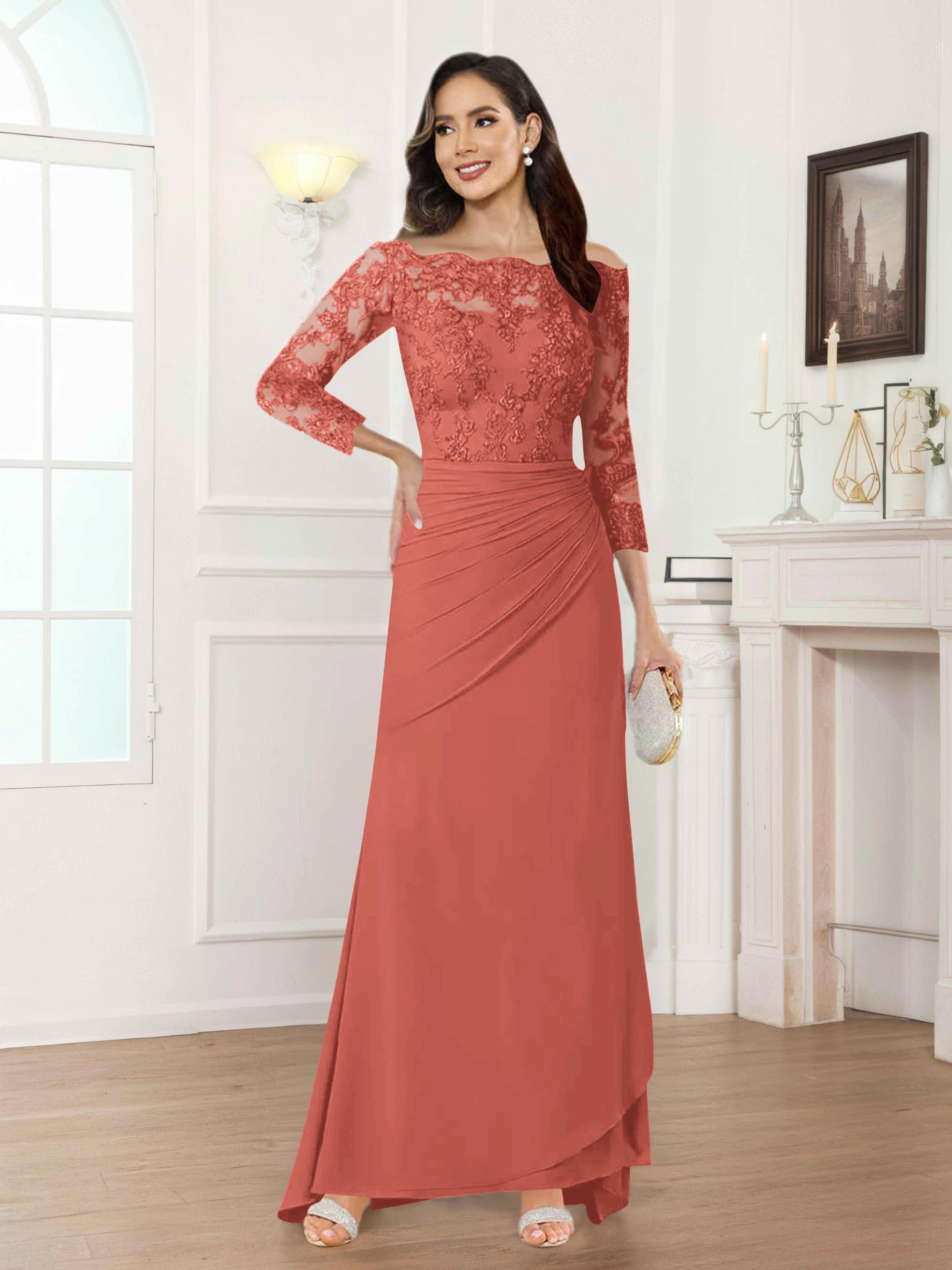 Riva Unique Off the Shoulder Pleated Long Lace Chiffon Mother of the Bride Dresses