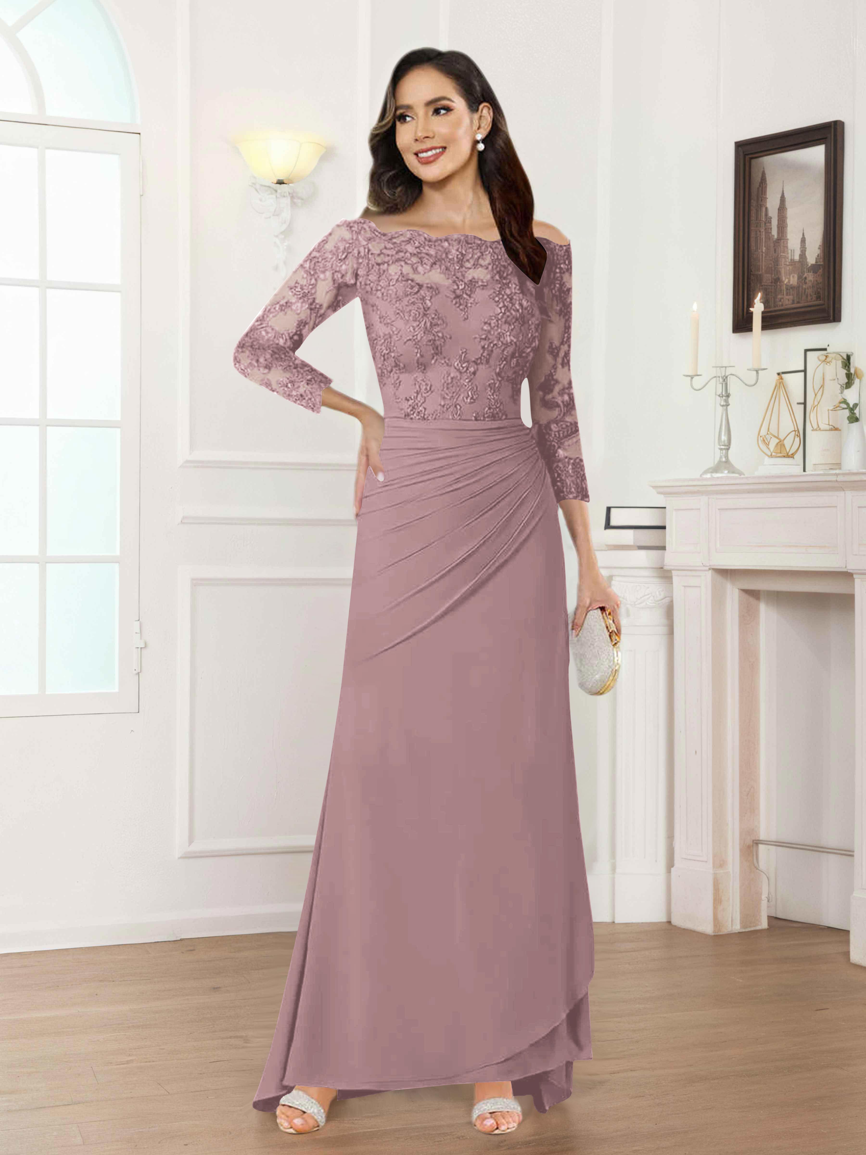 Riva Unique Off the Shoulder Pleated Long Lace Chiffon Mother of the Bride Dresses