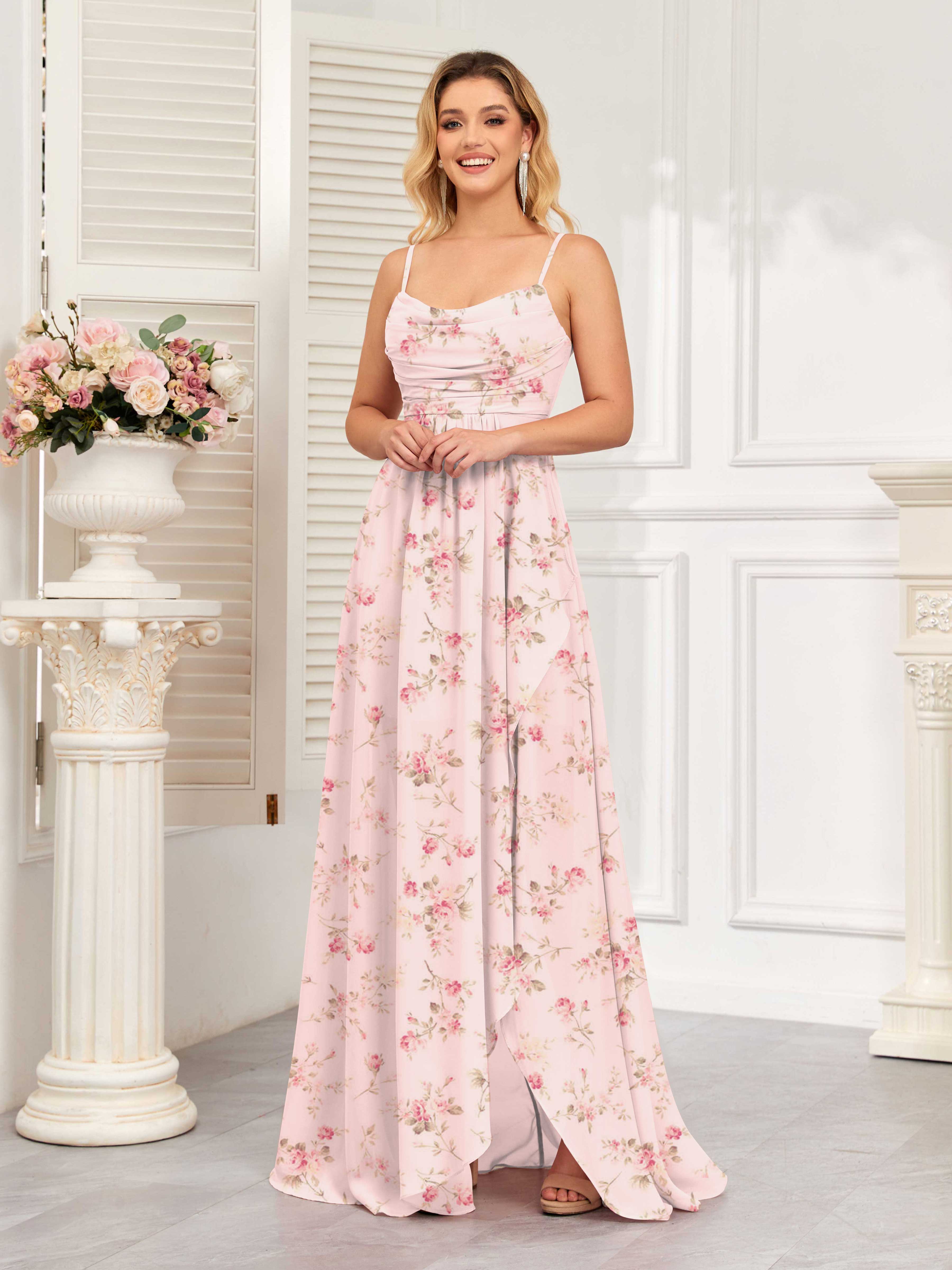 patterned bridesmaid dresses uk Wedtrend Women Blue Floral Bridesmaid Dress V Neck A-Line Print Ruched Long Wedding Party Dress Wedtrend UK