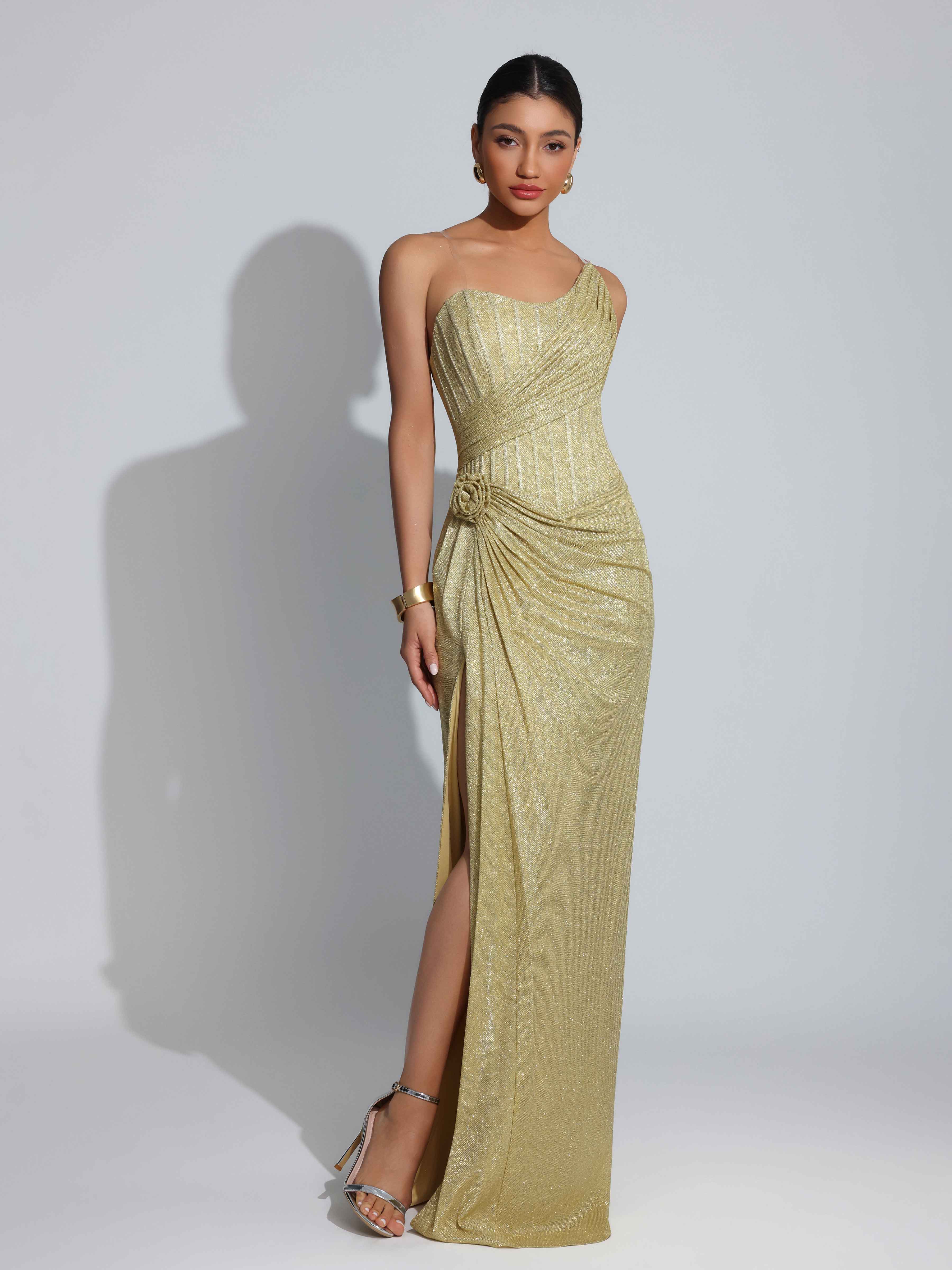 Saelith Unique One Shoulder Flower Ruched Slit Long Glitter Prom Dresses