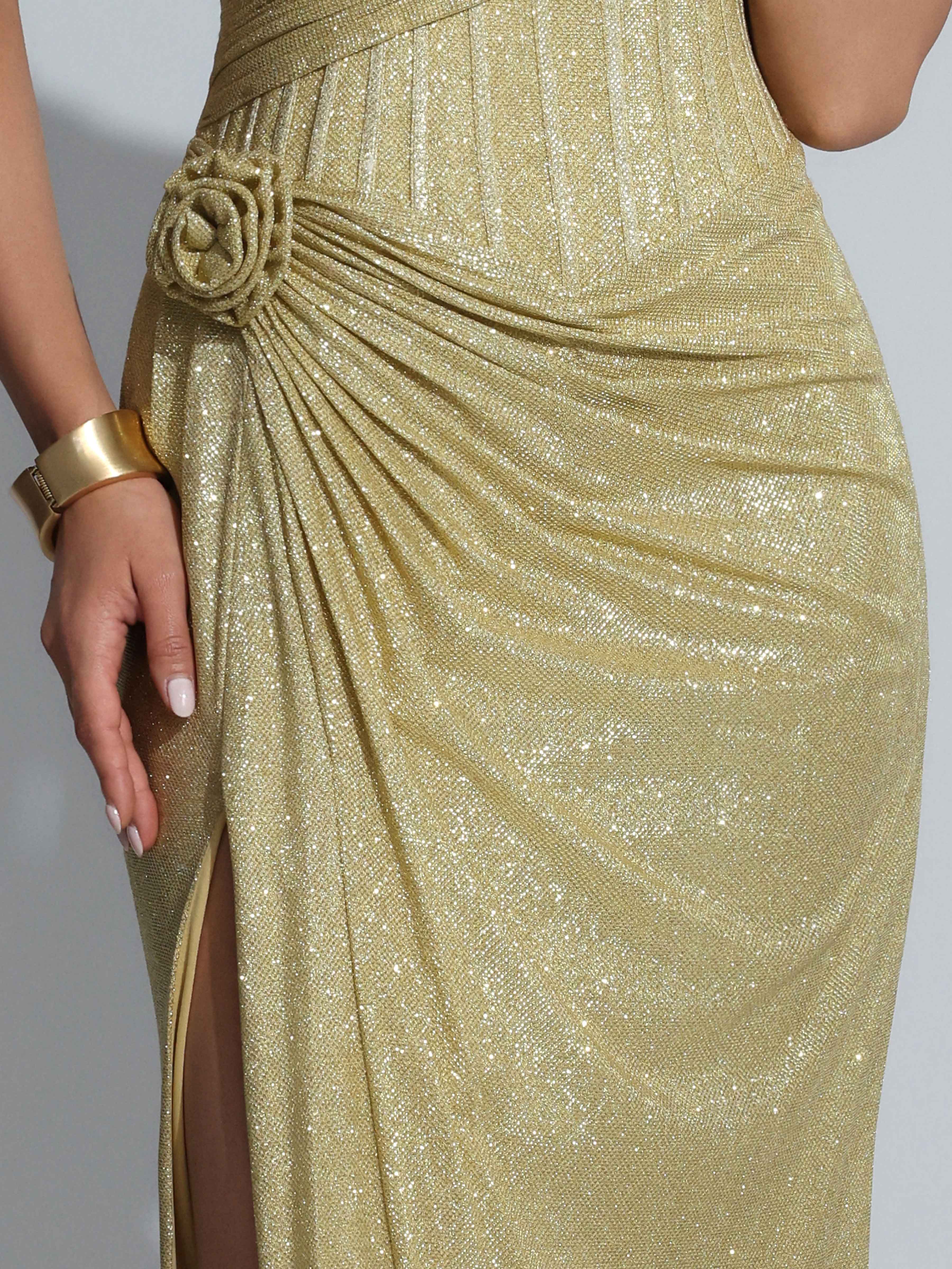 Saelith Unique One Shoulder Flower Ruched Slit Long Glitter Prom Dresses