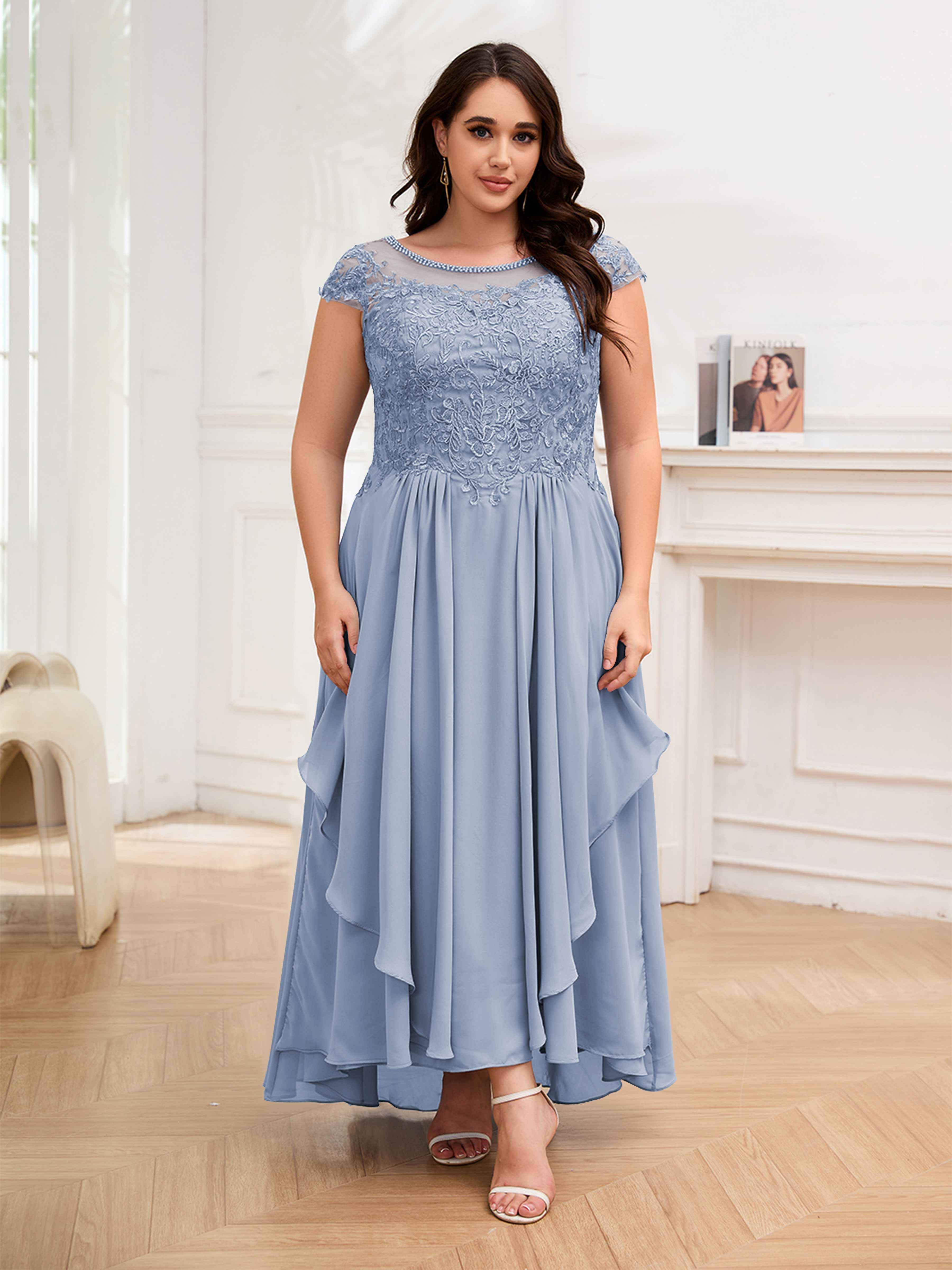 Shelby Dreamy Round Neck Lace Chiffon Long Plus Size Mother of the Bri