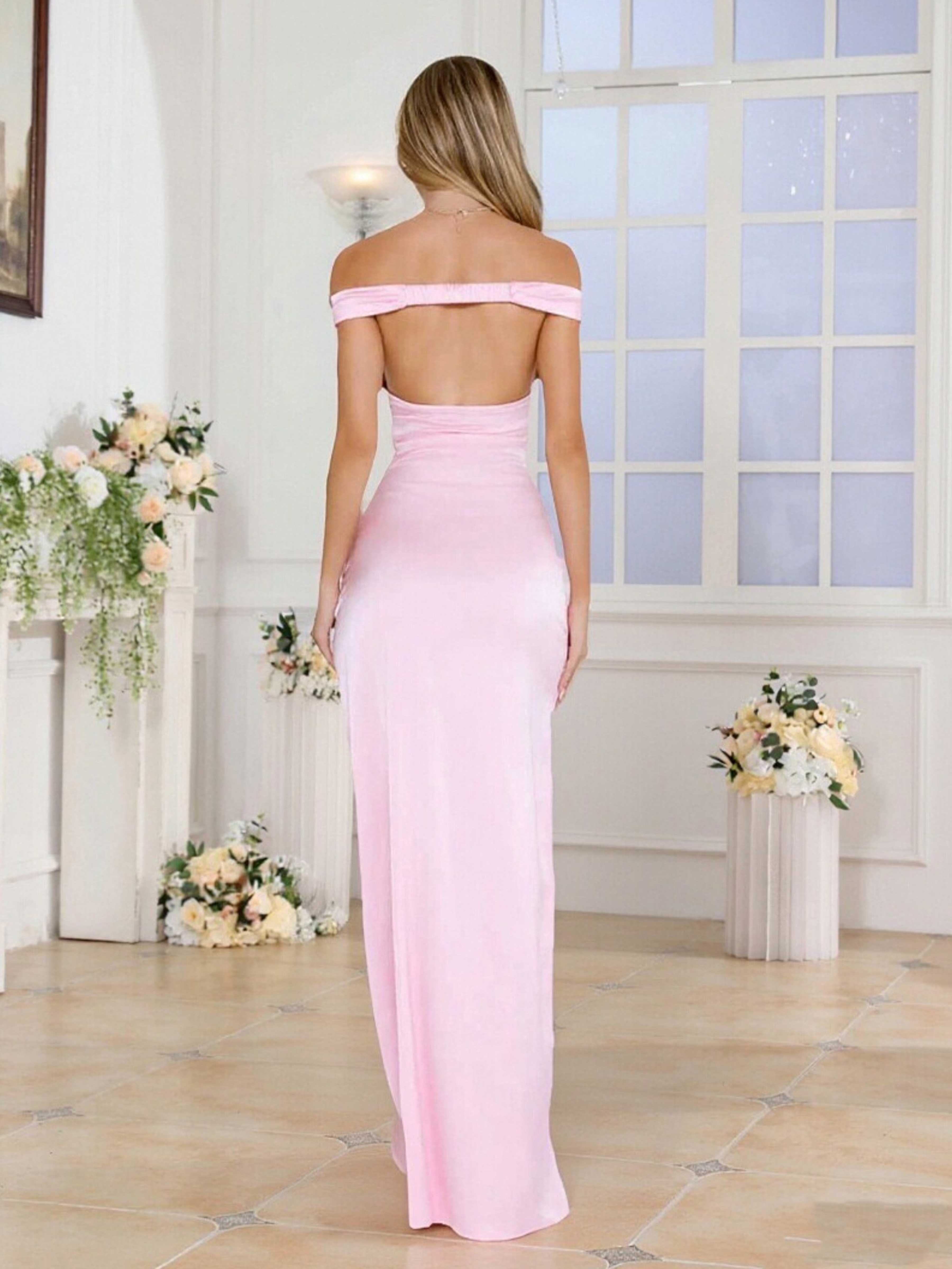 Simple Off The Shoulder Sheath Backless Long Satin Prom Dresses UK