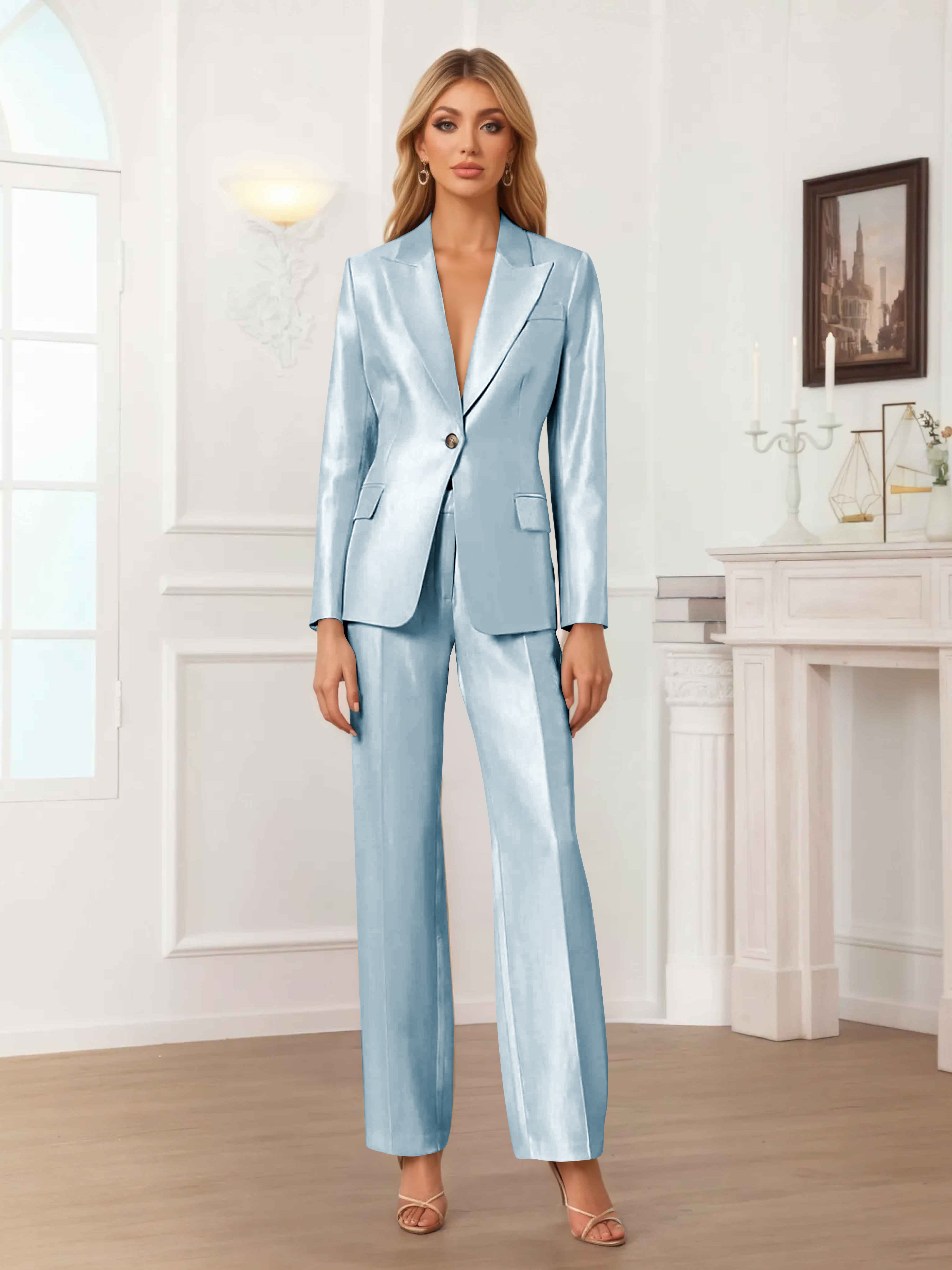 Women's 2 Pieces Peak Lapel One-Button Satin Formal Suit Set UK