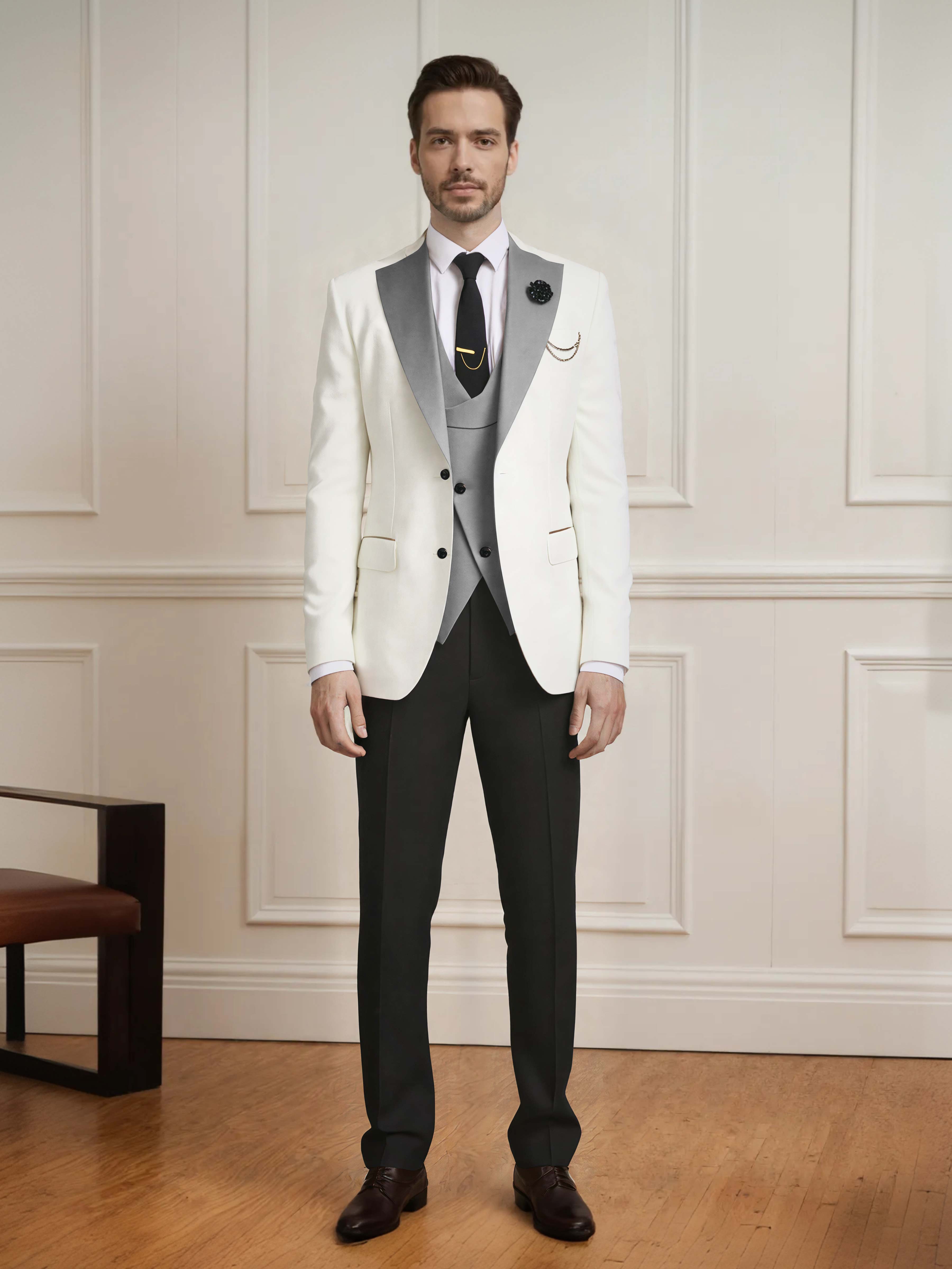 Smart Men's Two Button Contrast Finishes 3 Pieces Guest Suits