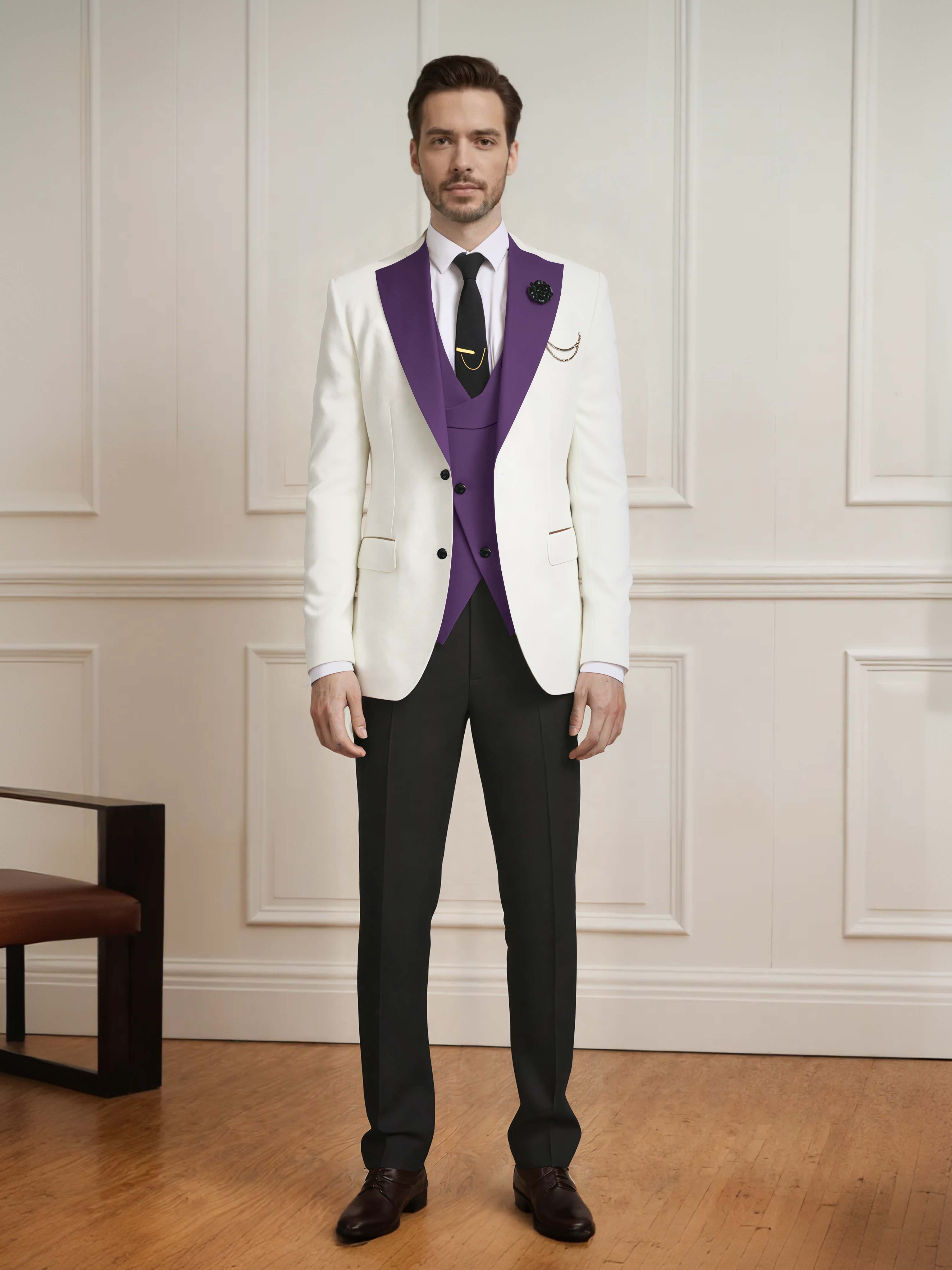 Smart Men's Two Button Contrast Finishes 3 Pieces Guest Suits