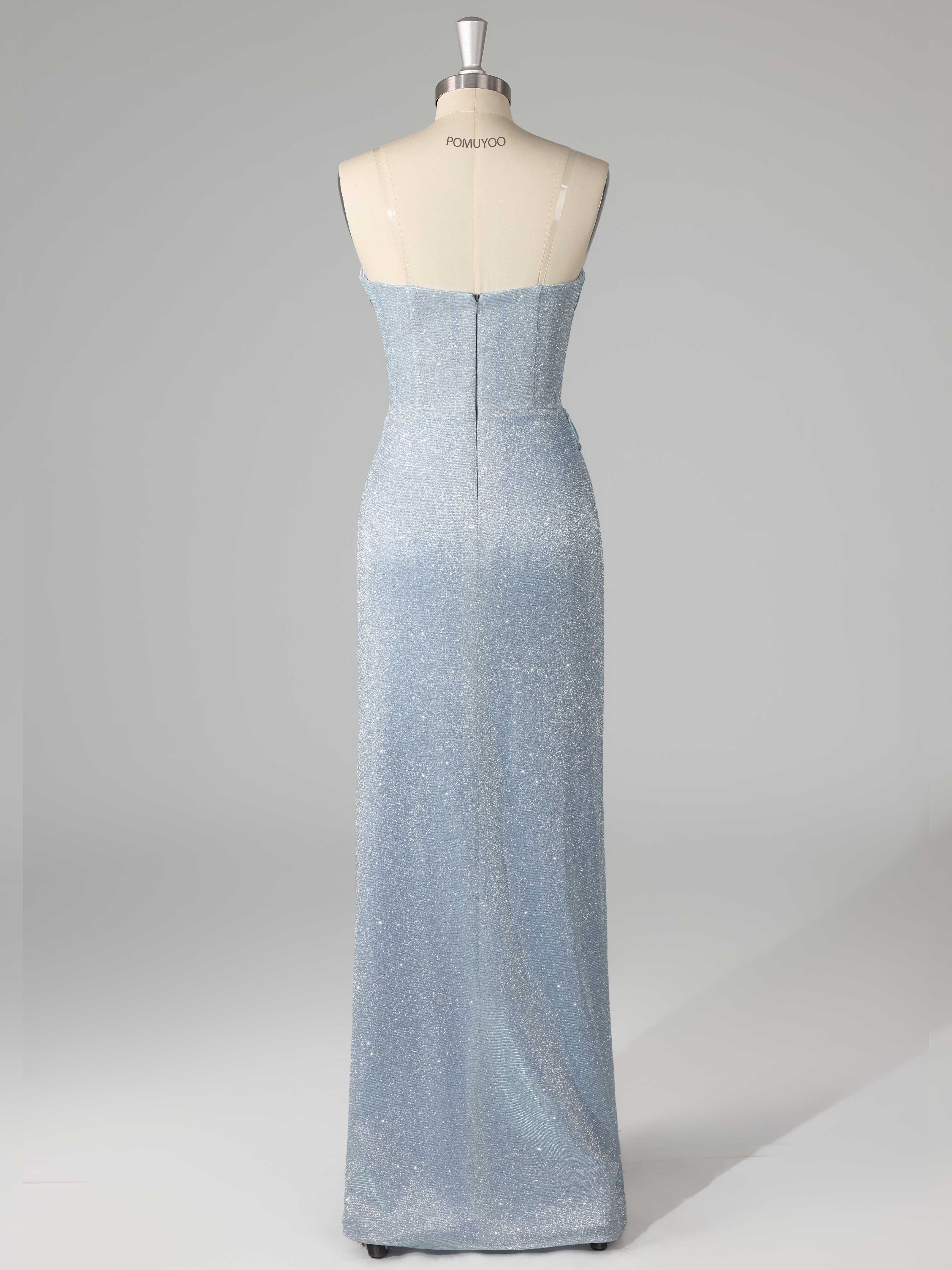 Sparkly Sheath Spaghetti Straps Corset Pleated Slit Prom Dresses UK