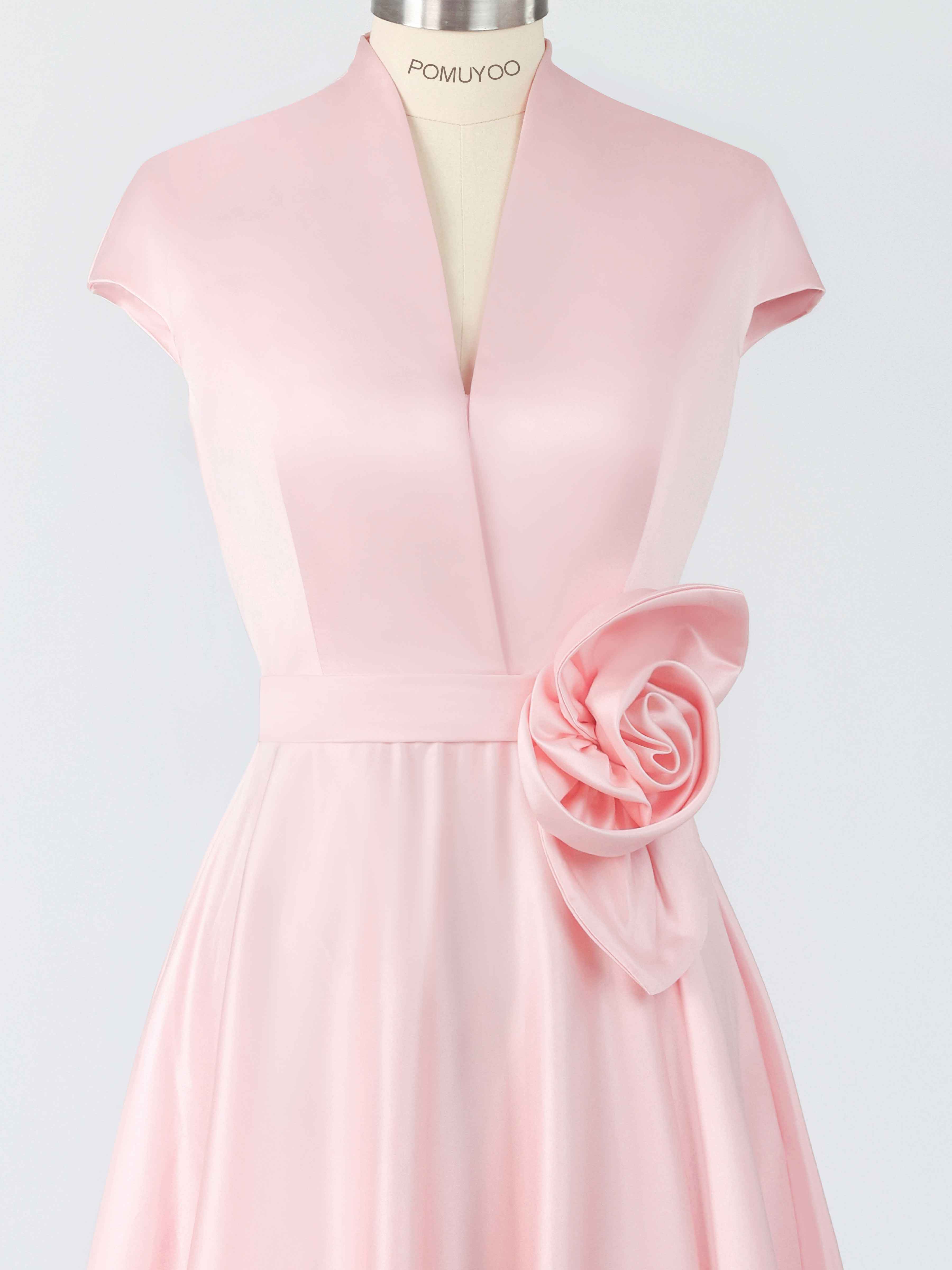 Stylish A-Line V-Neck Cap Sleeves Flower Tea Length Satin Mother of The Bride Dresses
