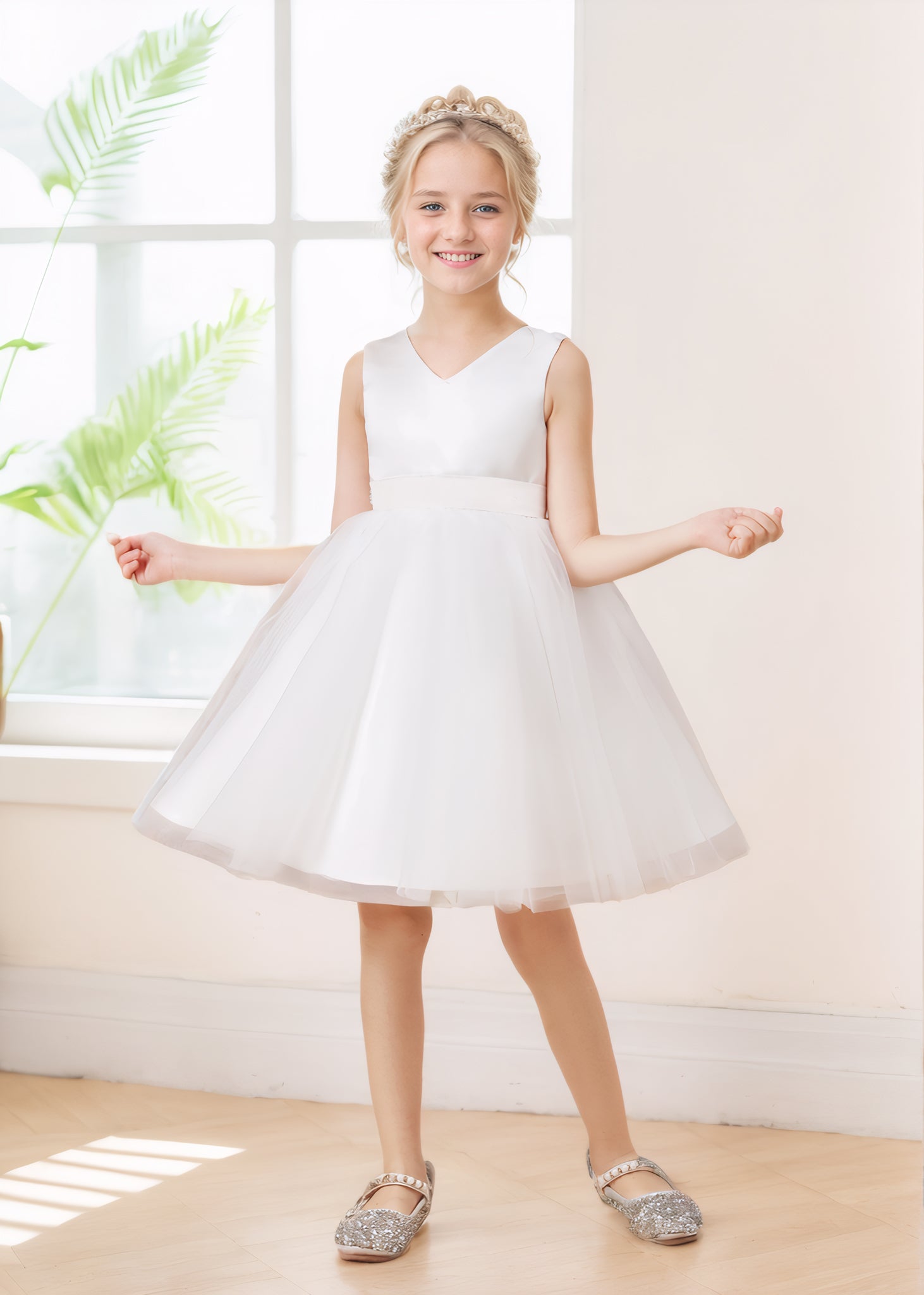 Stylish V Neck Sleeveless Satin Tulle Short Flower Girl Dresses