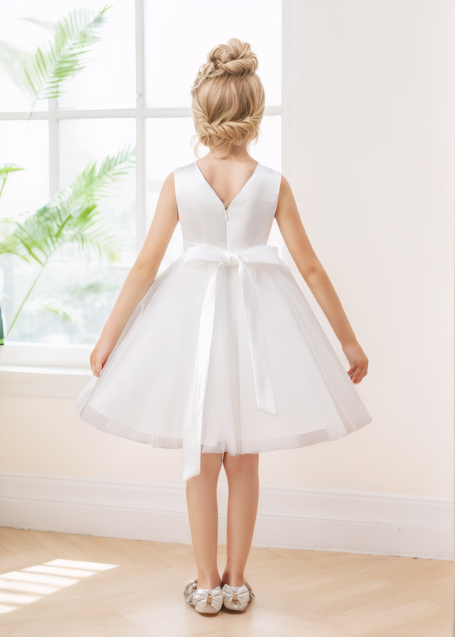 Stylish V Neck Sleeveless Satin Tulle Short Flower Girl Dresses