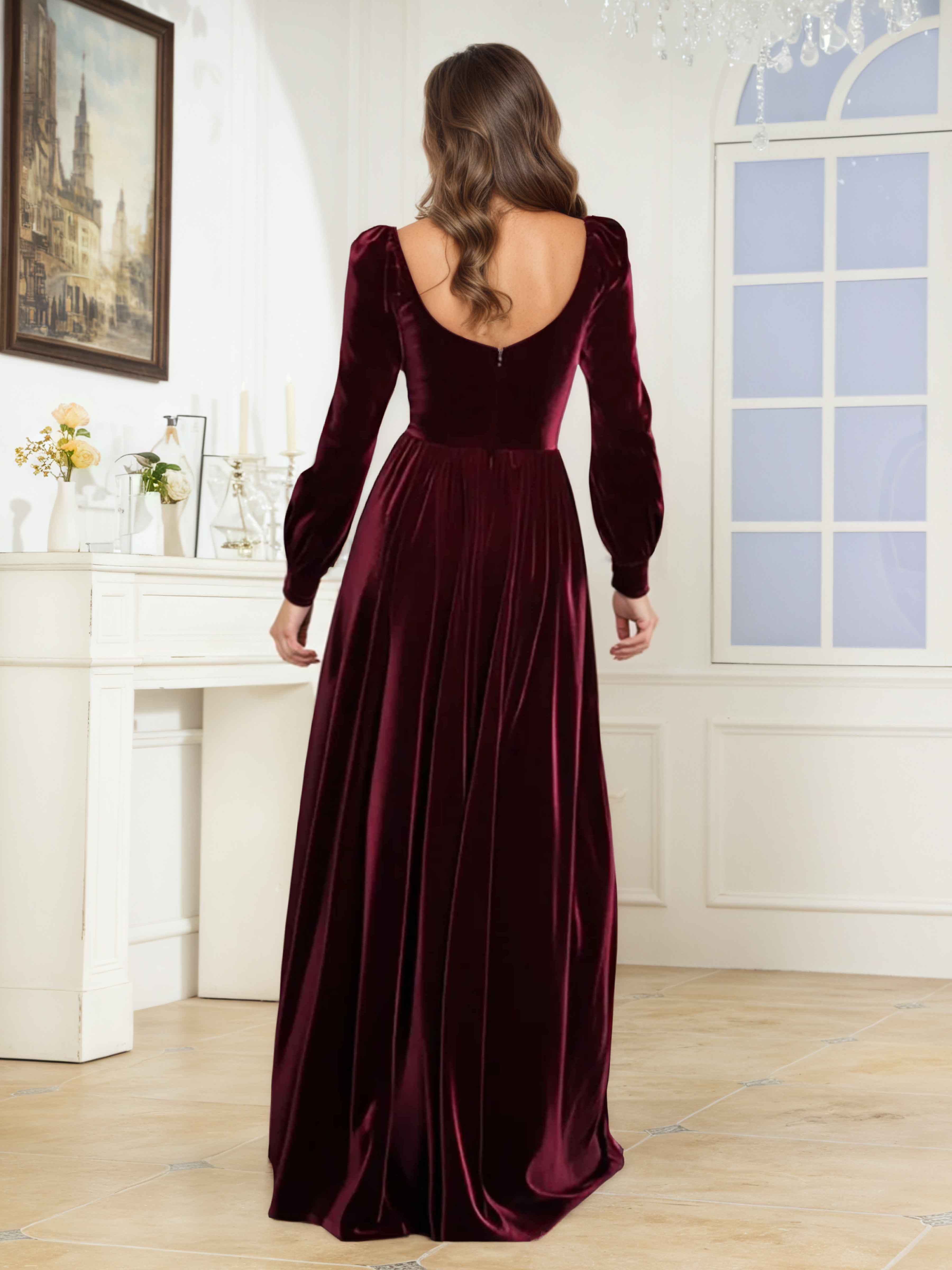Sylvaine Exquisite A-Line Long Sleeves Slit Long Velvet Bridesmaid Dresses