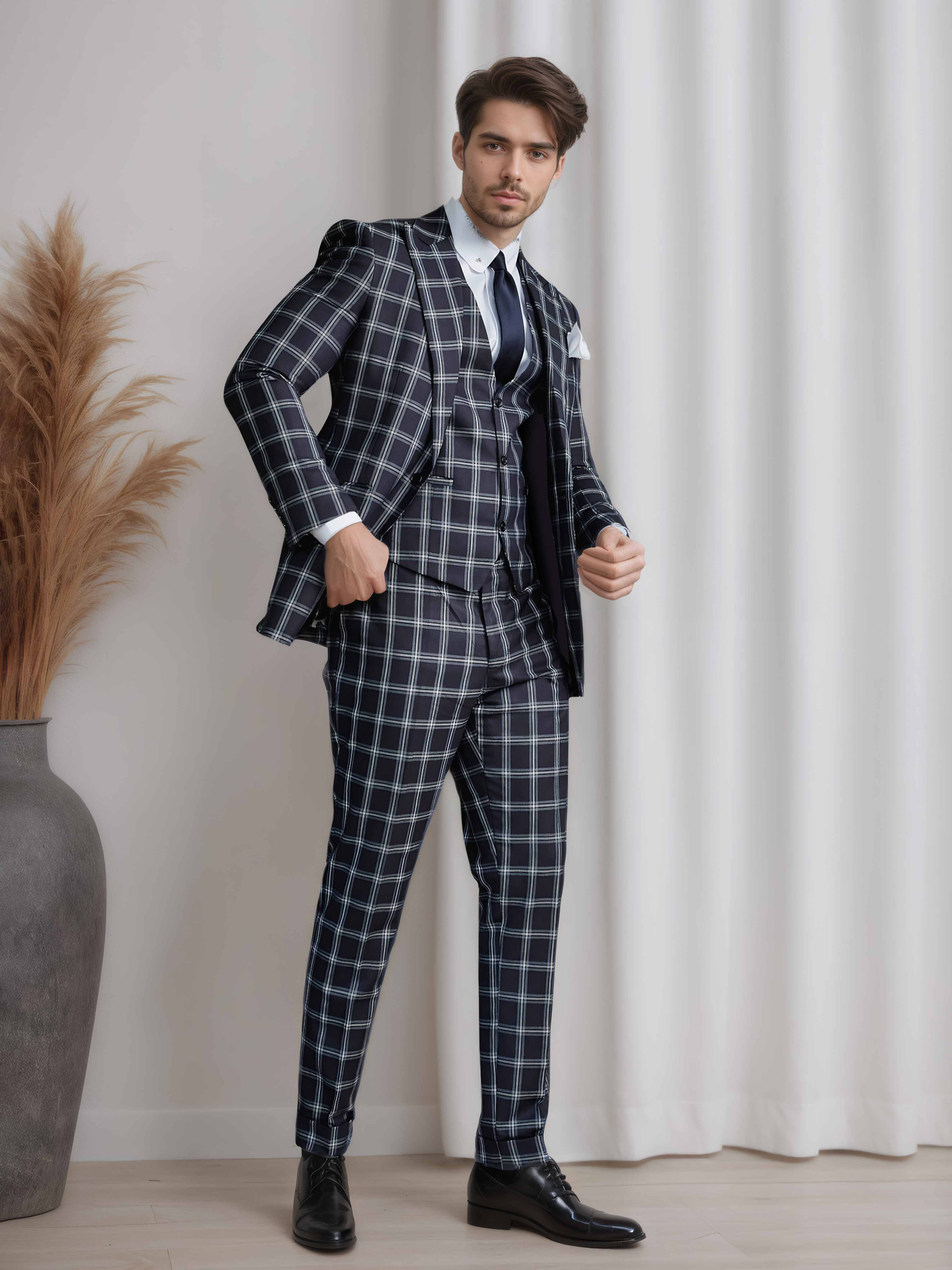 Tailored Peak Lapel Men's 3 Pieces Check and Houndstooth Suit for Business Wear
