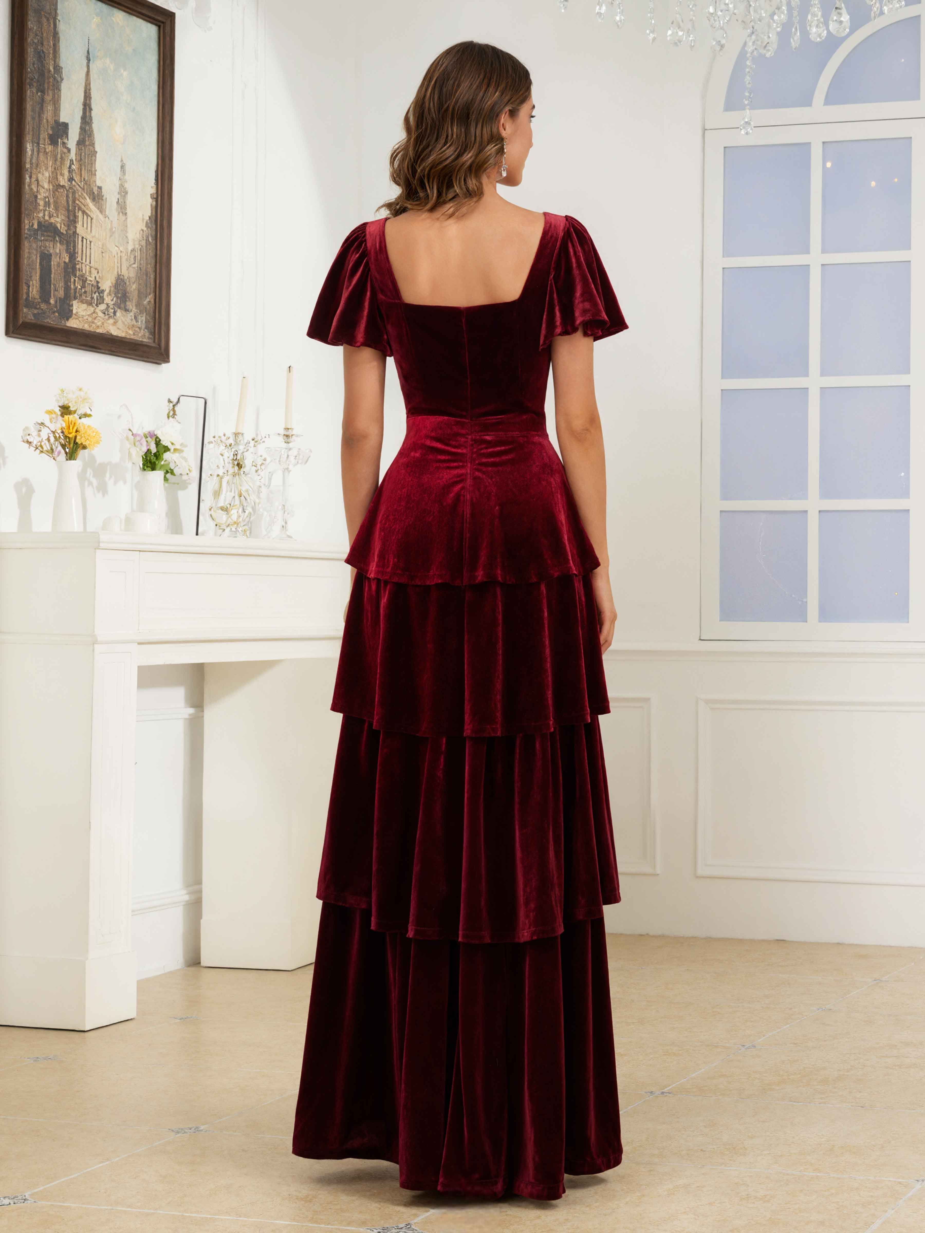 Taisia Playful A-Line Short Sleeves Tiered Long Velvet Bridesmaid Dresses