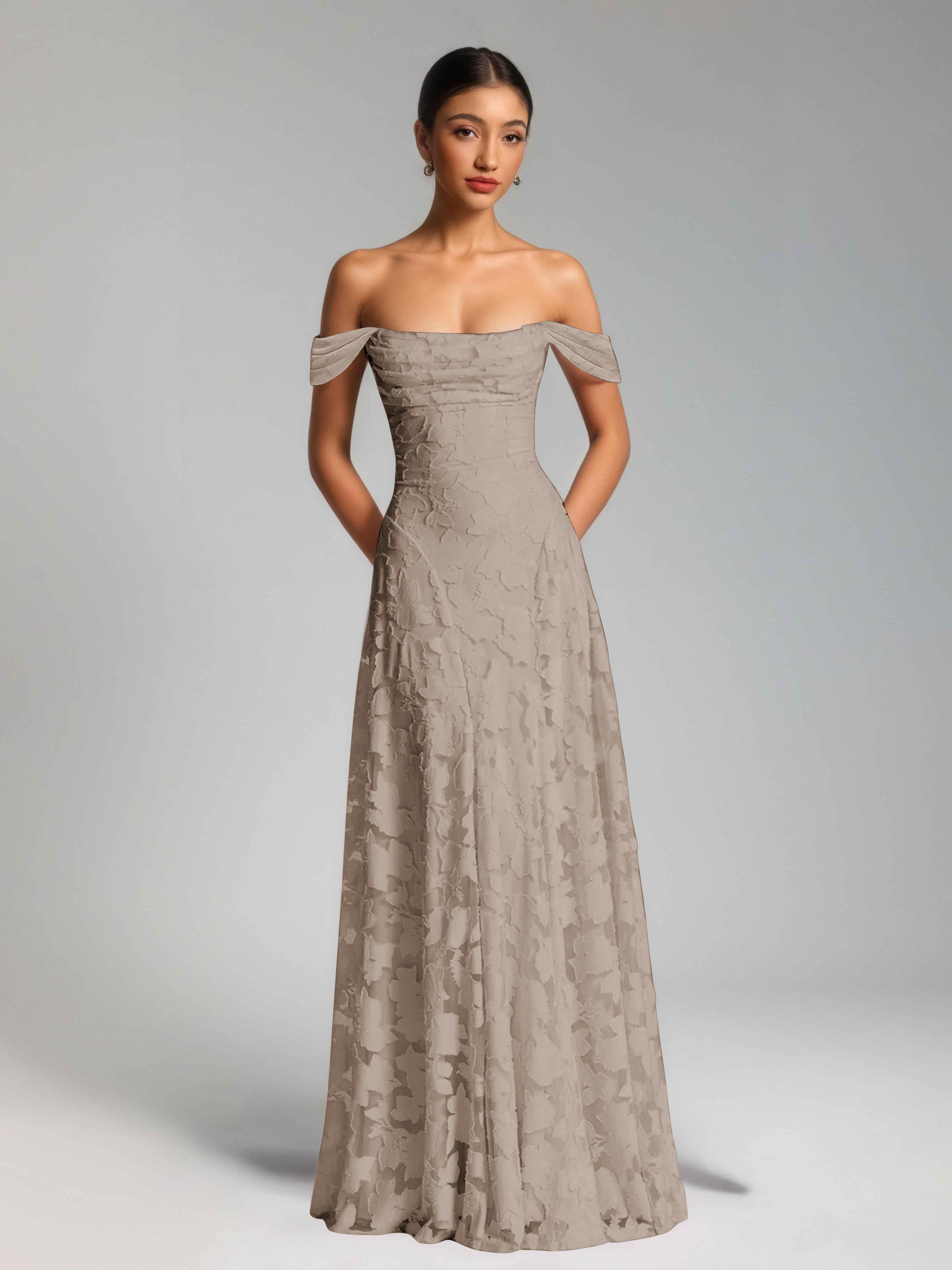 Oraelithra Graceful A-Line Off the Shoulder Floor Length Jacquard Bridesmaid Dresses