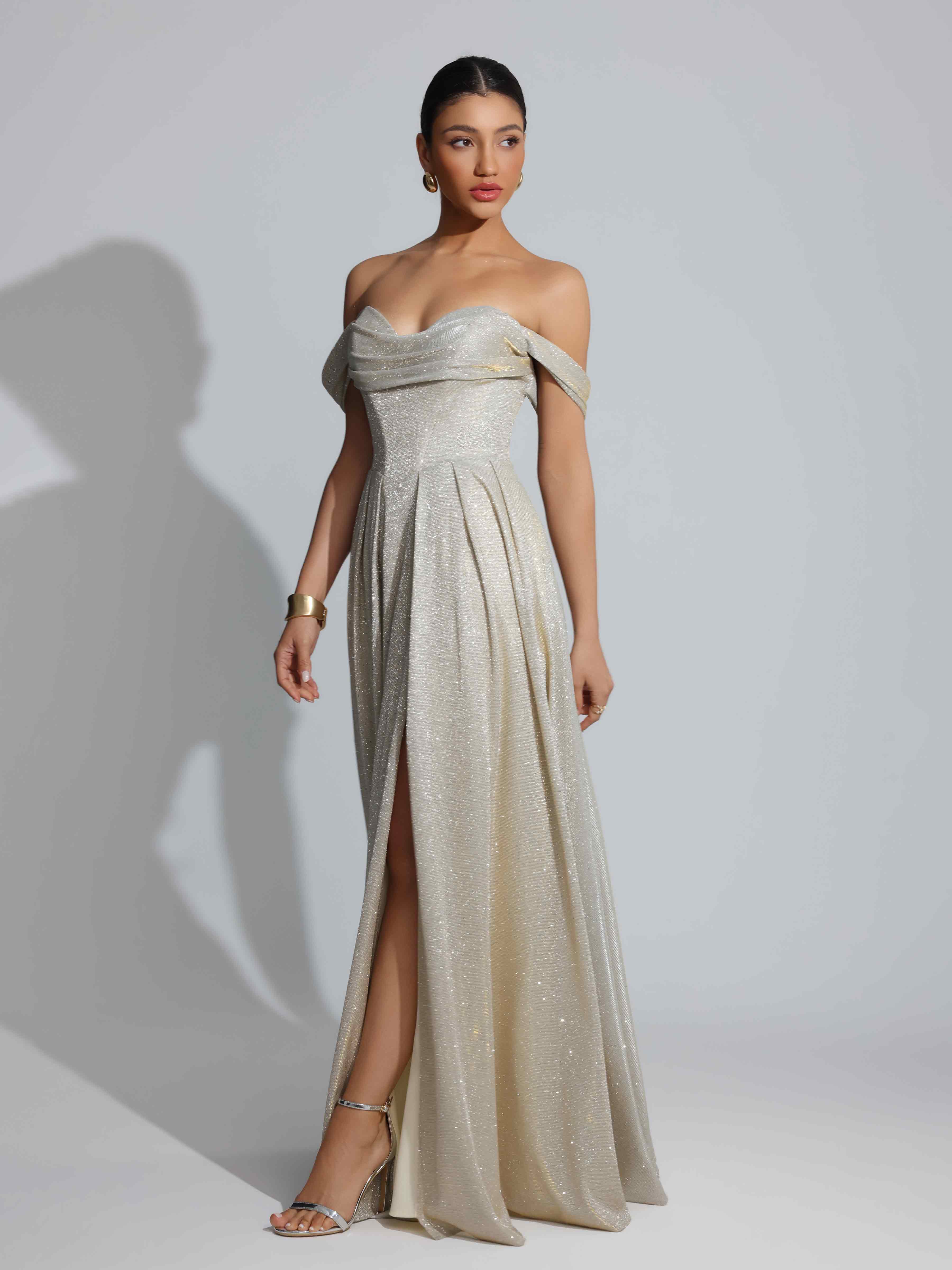 Traelith Charming A-Line Off the Shoulder Slit Long Glitter Prom Dresses