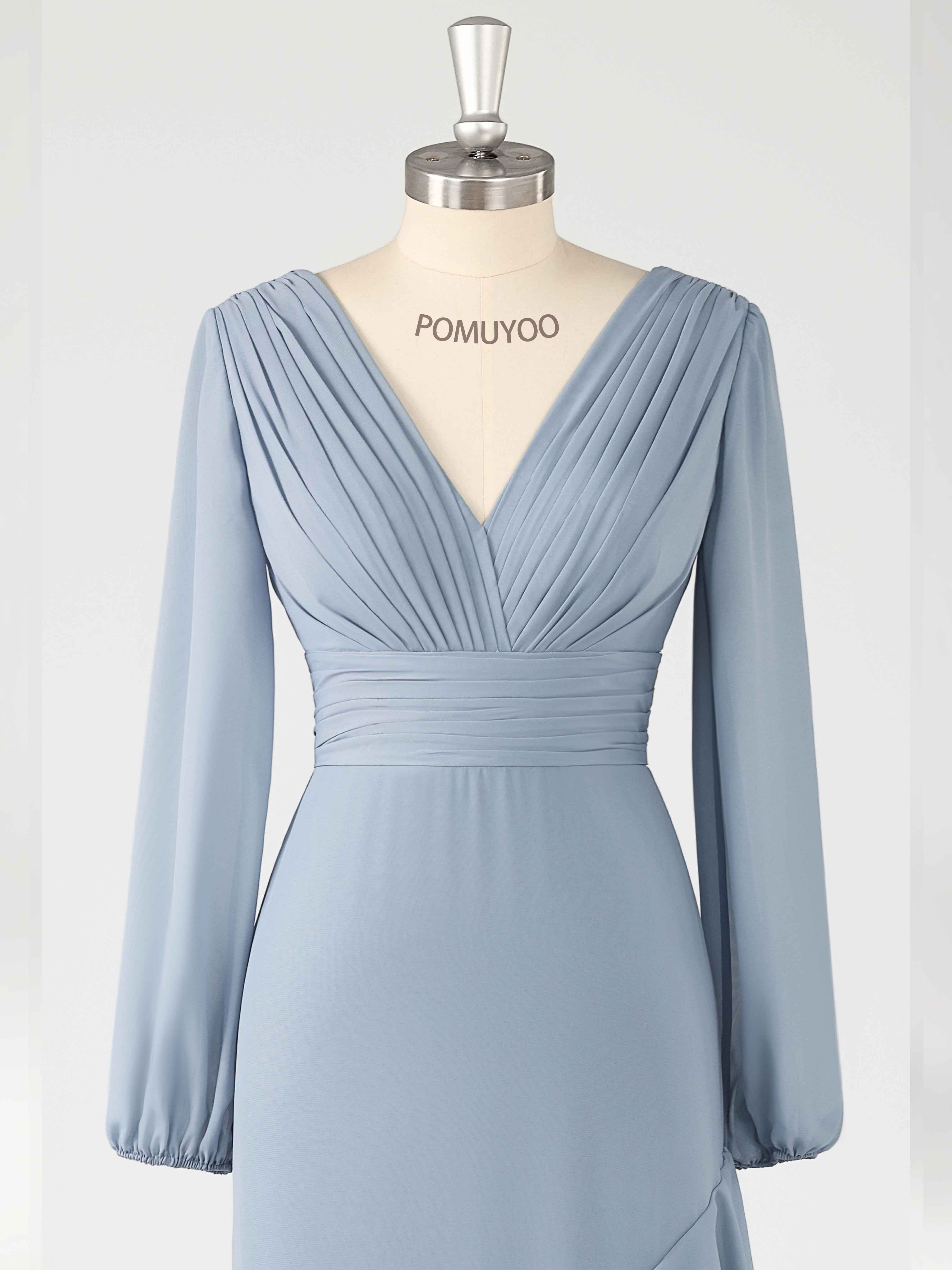 Trendy Long Sleeves Pleated Ruffles Floor Length Chiffon Bridesmaid Dresses UK