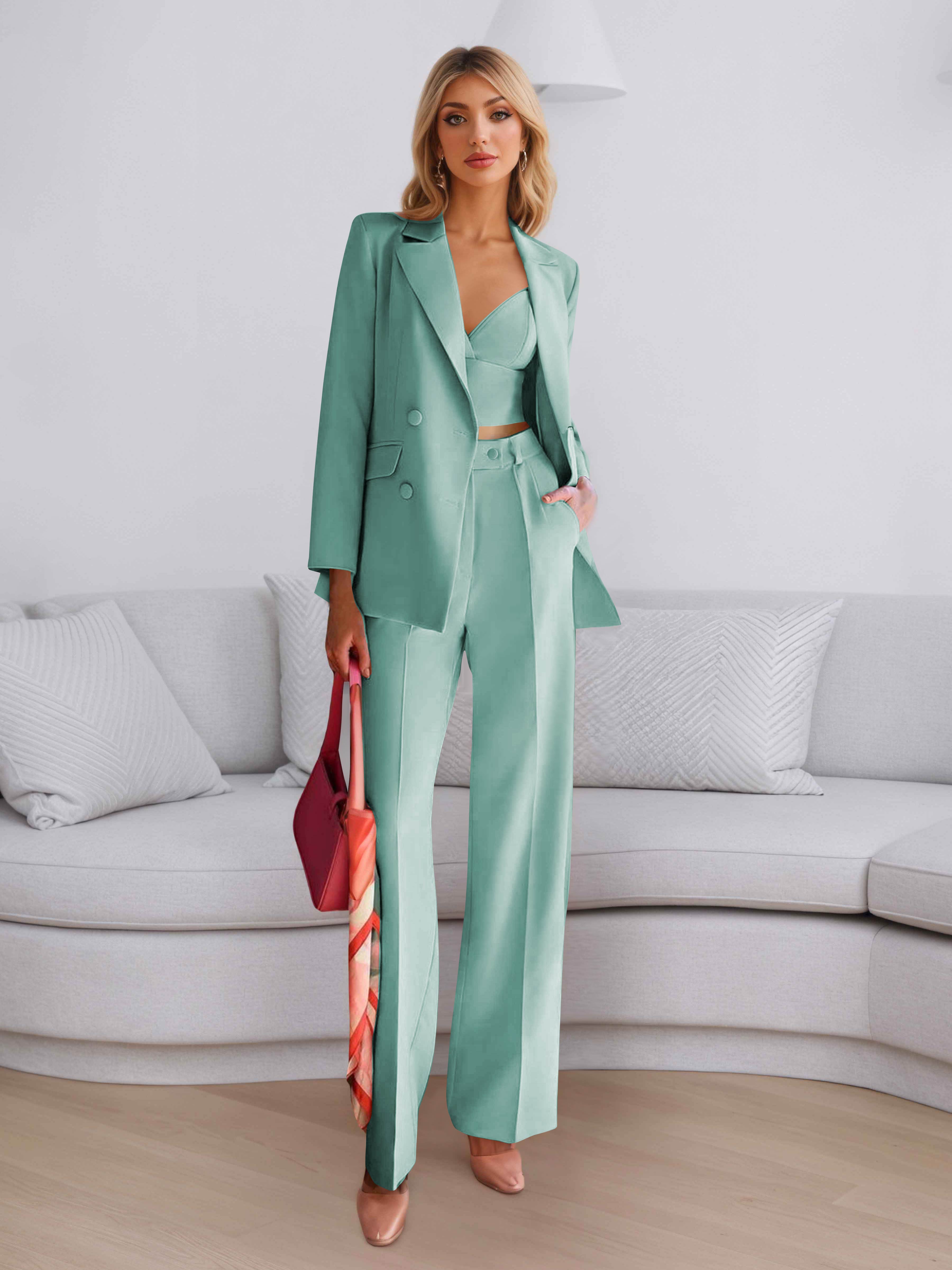 Elegant Women's 3 Pieces Solid Formal Blazer and Pants Suit Set UK