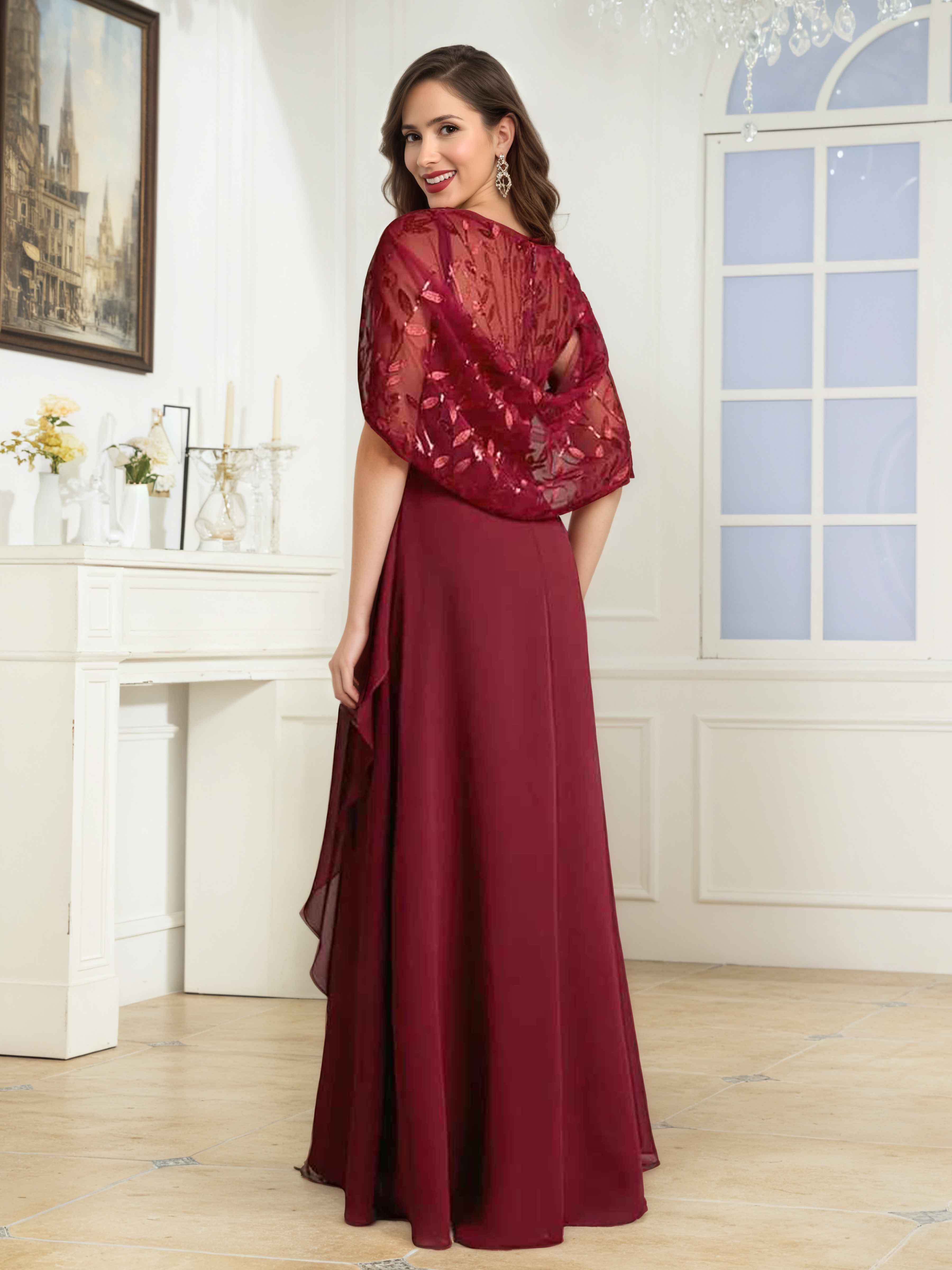 Vallen Enchanting A-Line Illusion Sequins Long Mother of the Bride Dresses With Cape