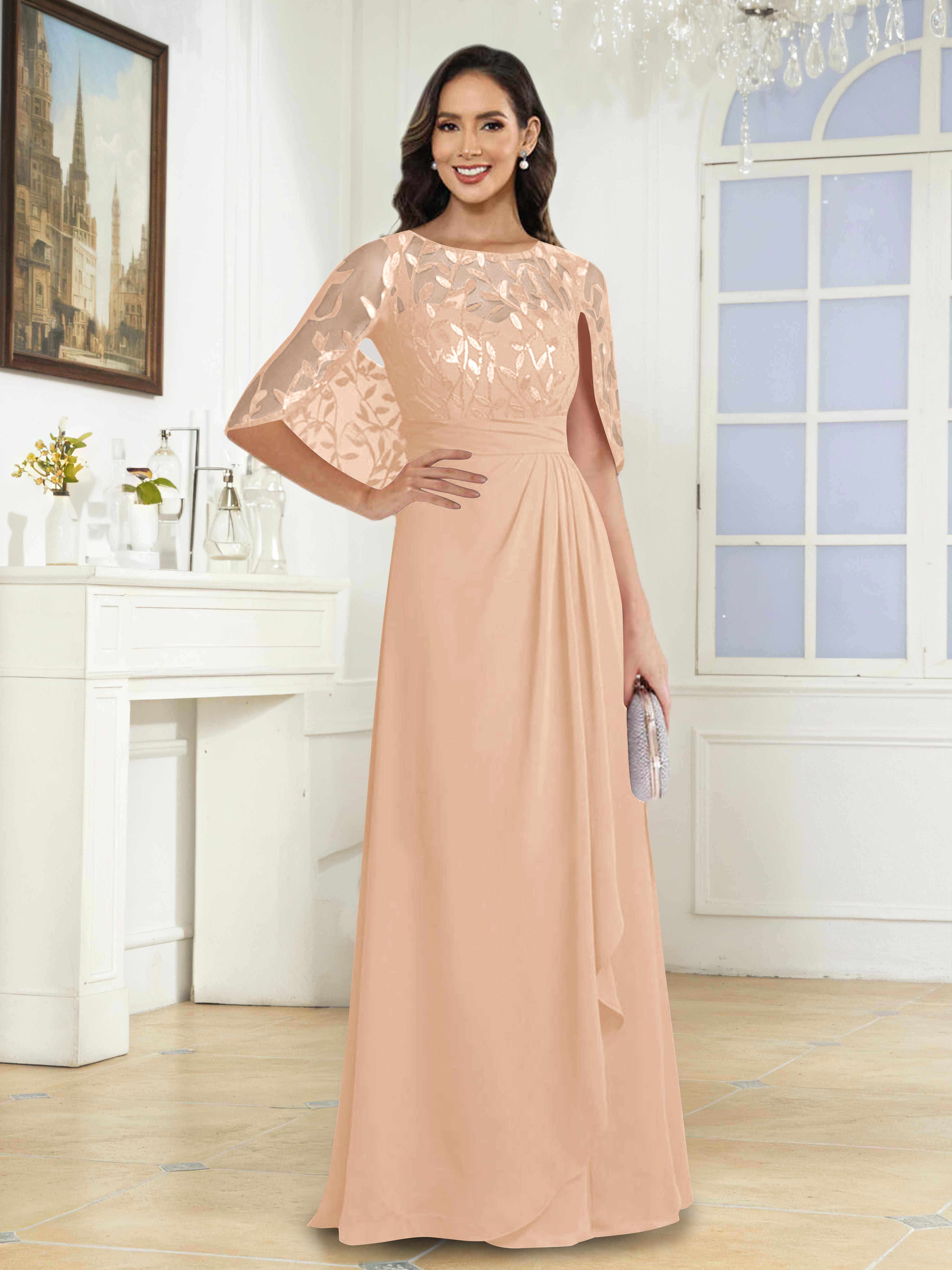 Vallen Enchanting A-Line Illusion Sequins Long Mother of the Bride Dresses With Cape