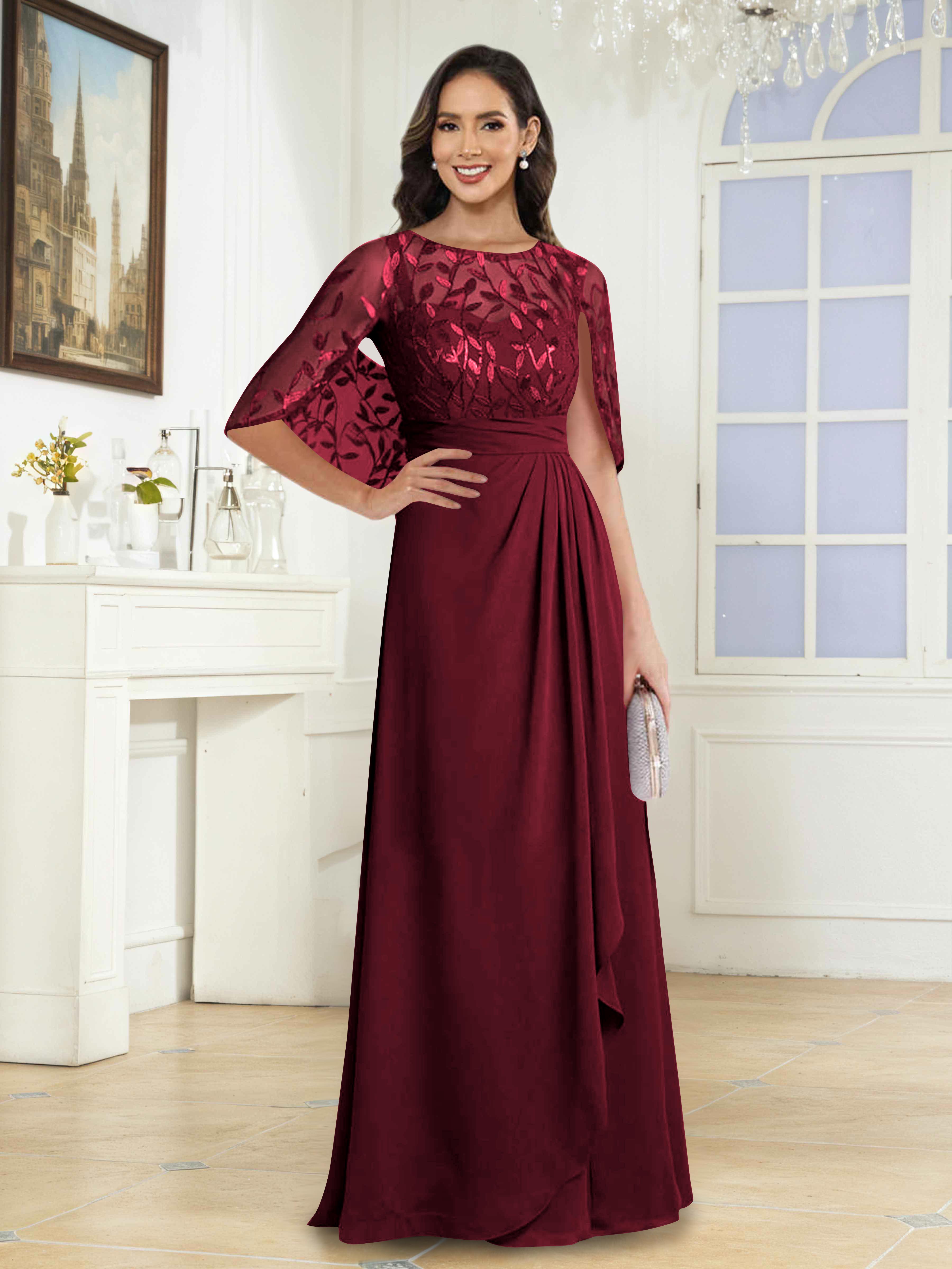 Vallen Enchanting A-Line Illusion Sequins Long Mother of the Bride Dresses With Cape
