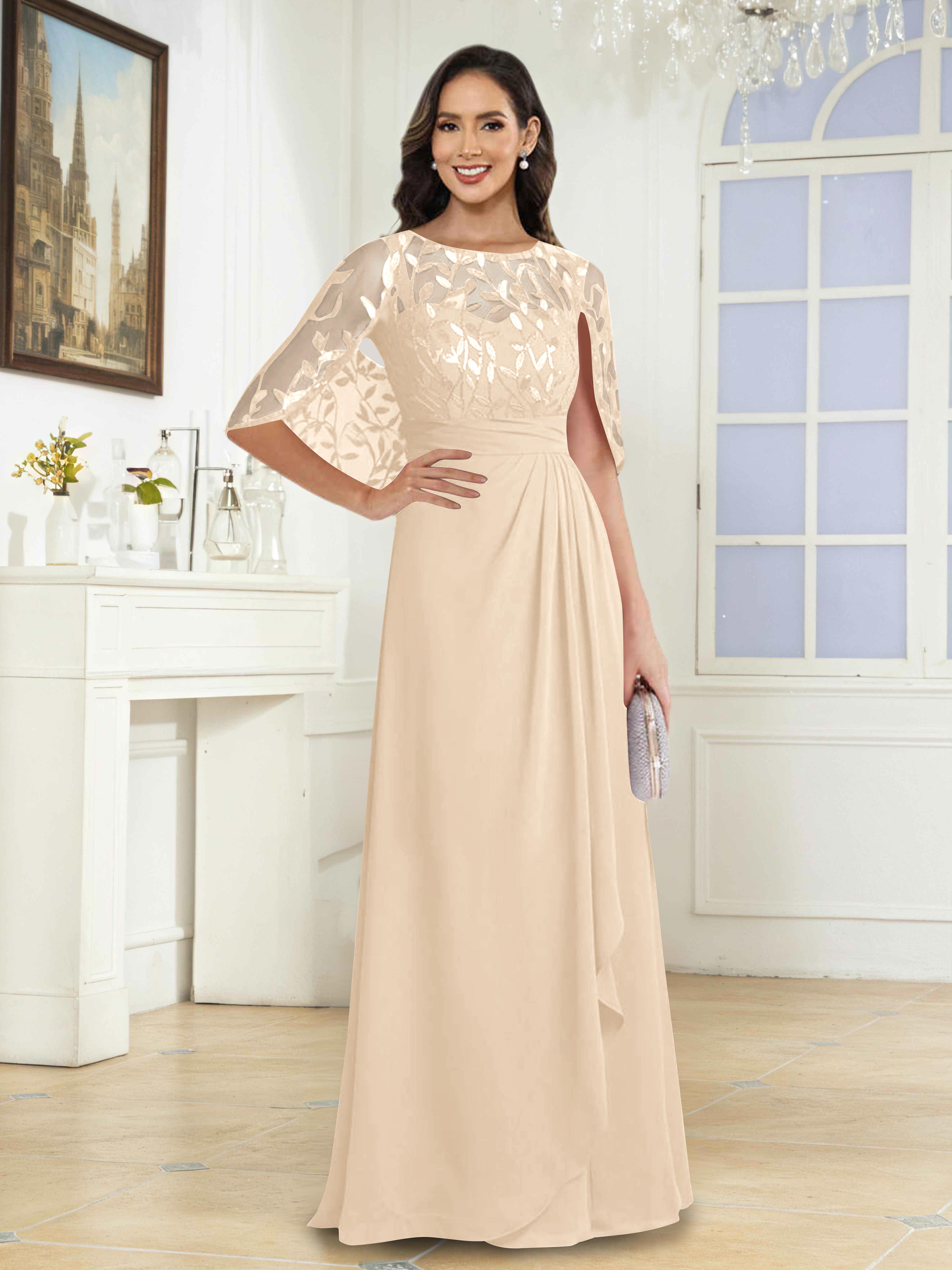 Vallen Enchanting A-Line Illusion Sequins Long Mother of the Bride Dresses With Cape