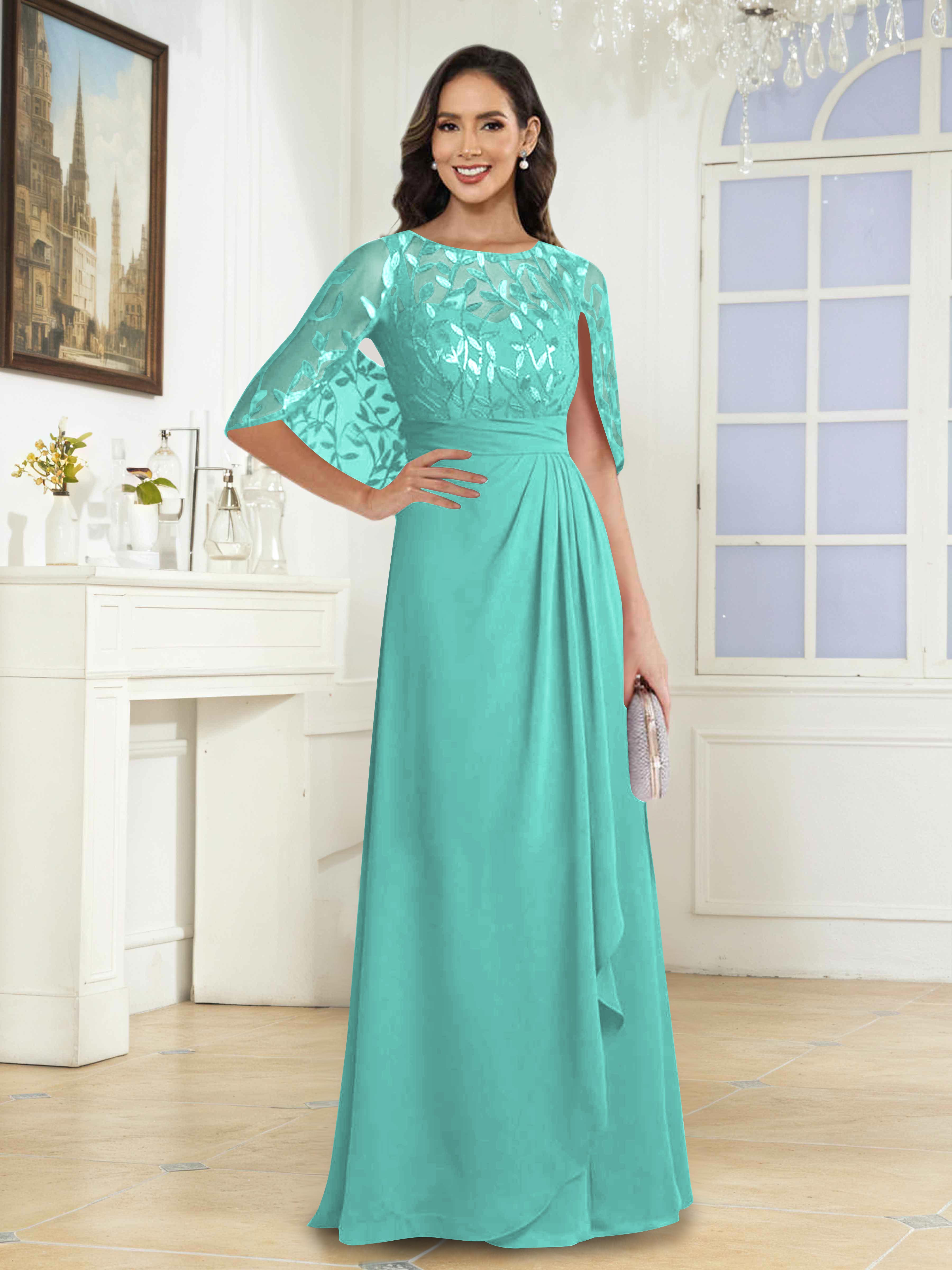 Vallen Enchanting A-Line Illusion Sequins Long Mother of the Bride Dresses With Cape