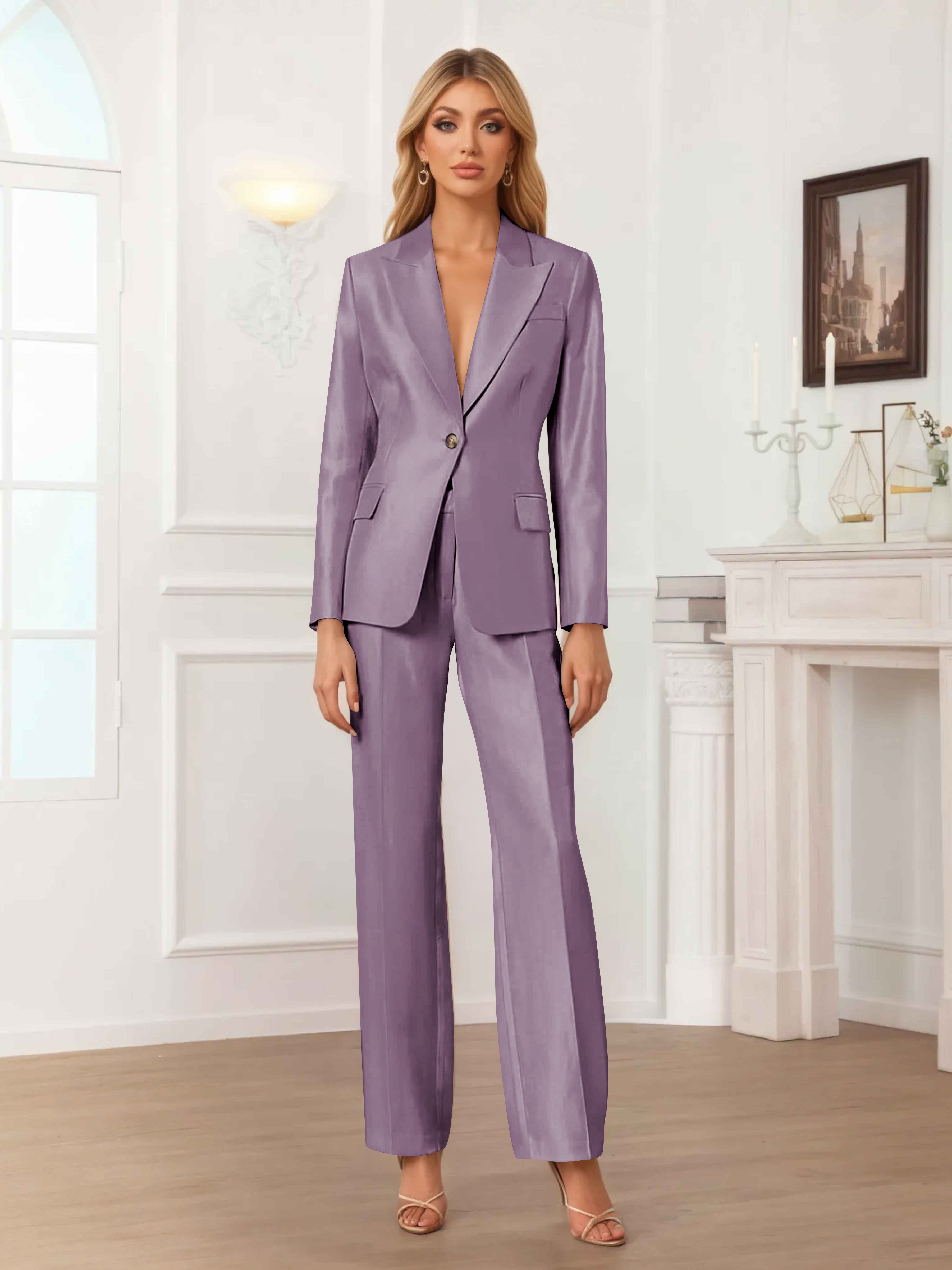 Women's 2 Pieces Peak Lapel One-Button Satin Formal Suit Set UK