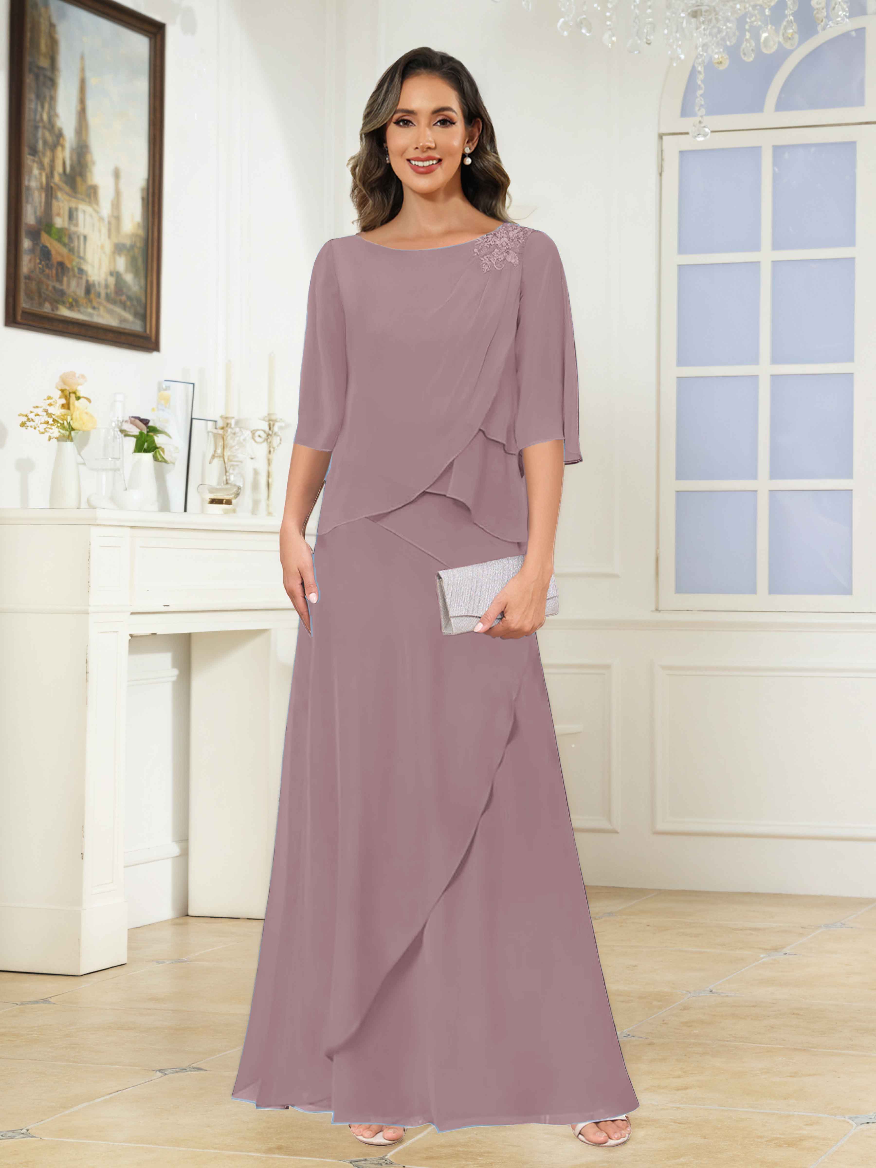 Larkin Trendy A-Line Scoop Tiered Long Chiffon Mother of the Bride Dresses