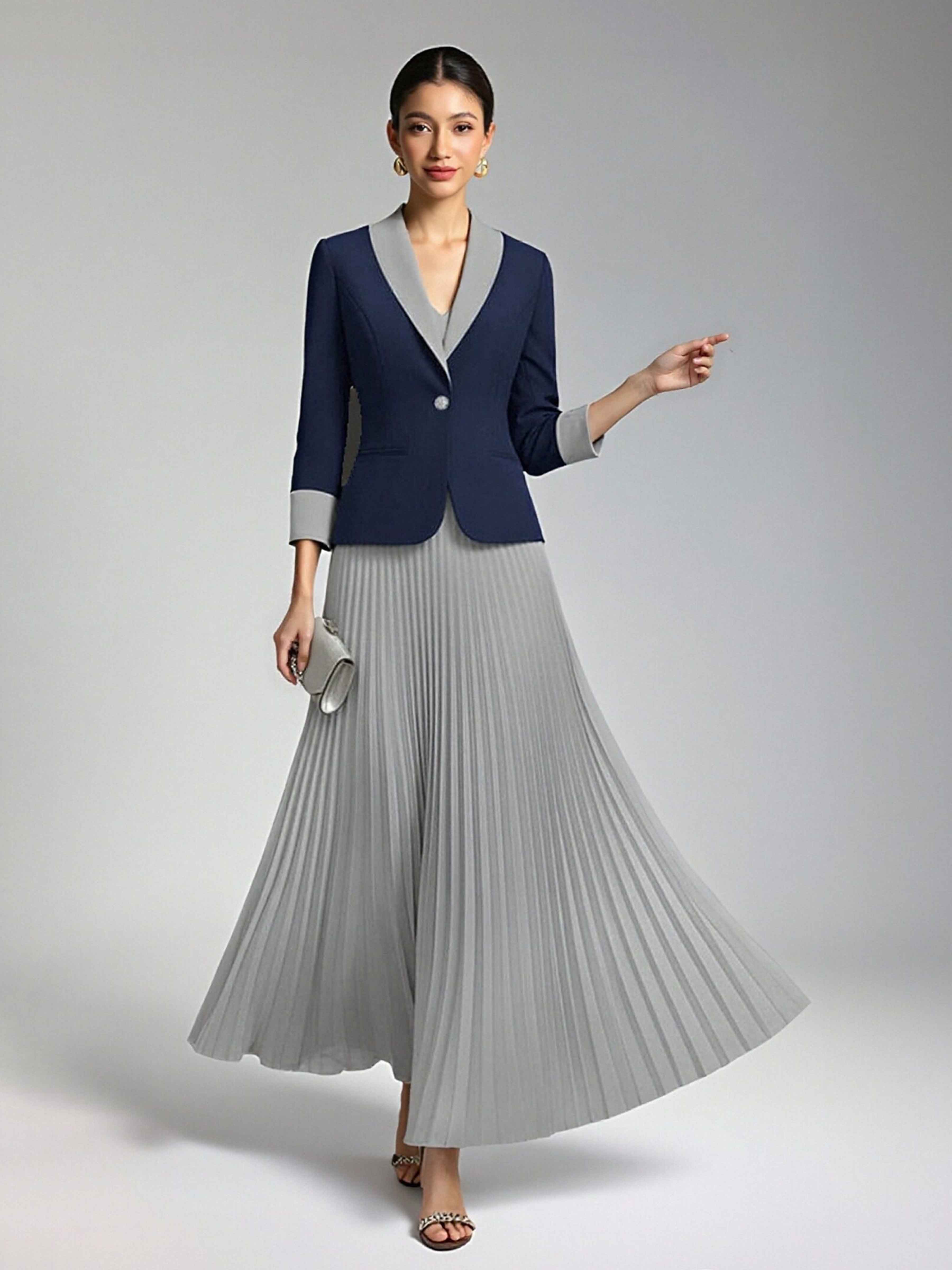 Glamorous Women's 2 Pieces Color Block Shawl Lapel One Button Suit Dress