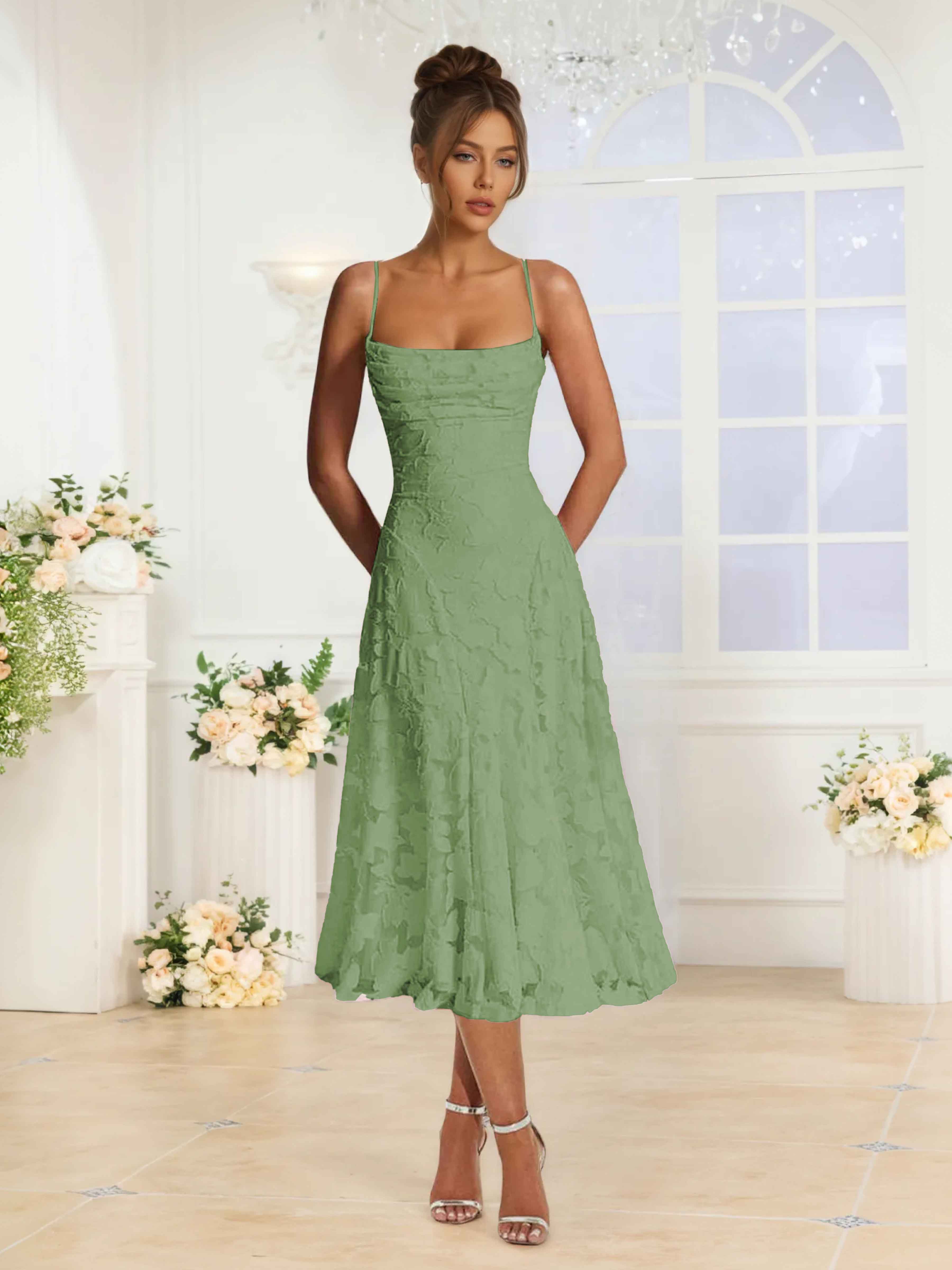 Blythe Charming Cowl Pleated Midi Floral Lace Bridesmaid Dresses