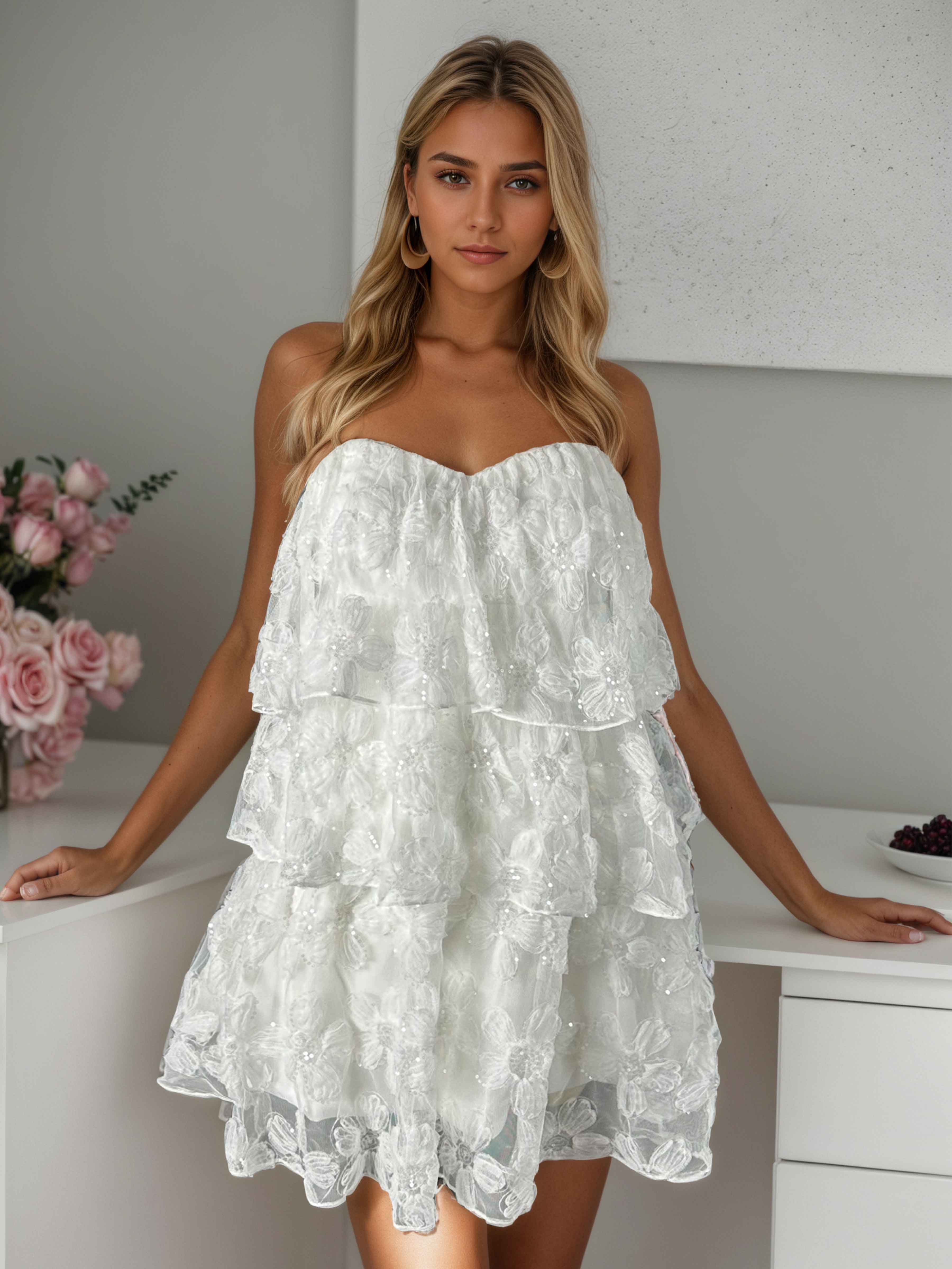 Casual Strapless Tiered Floral Sequin Mini Dress