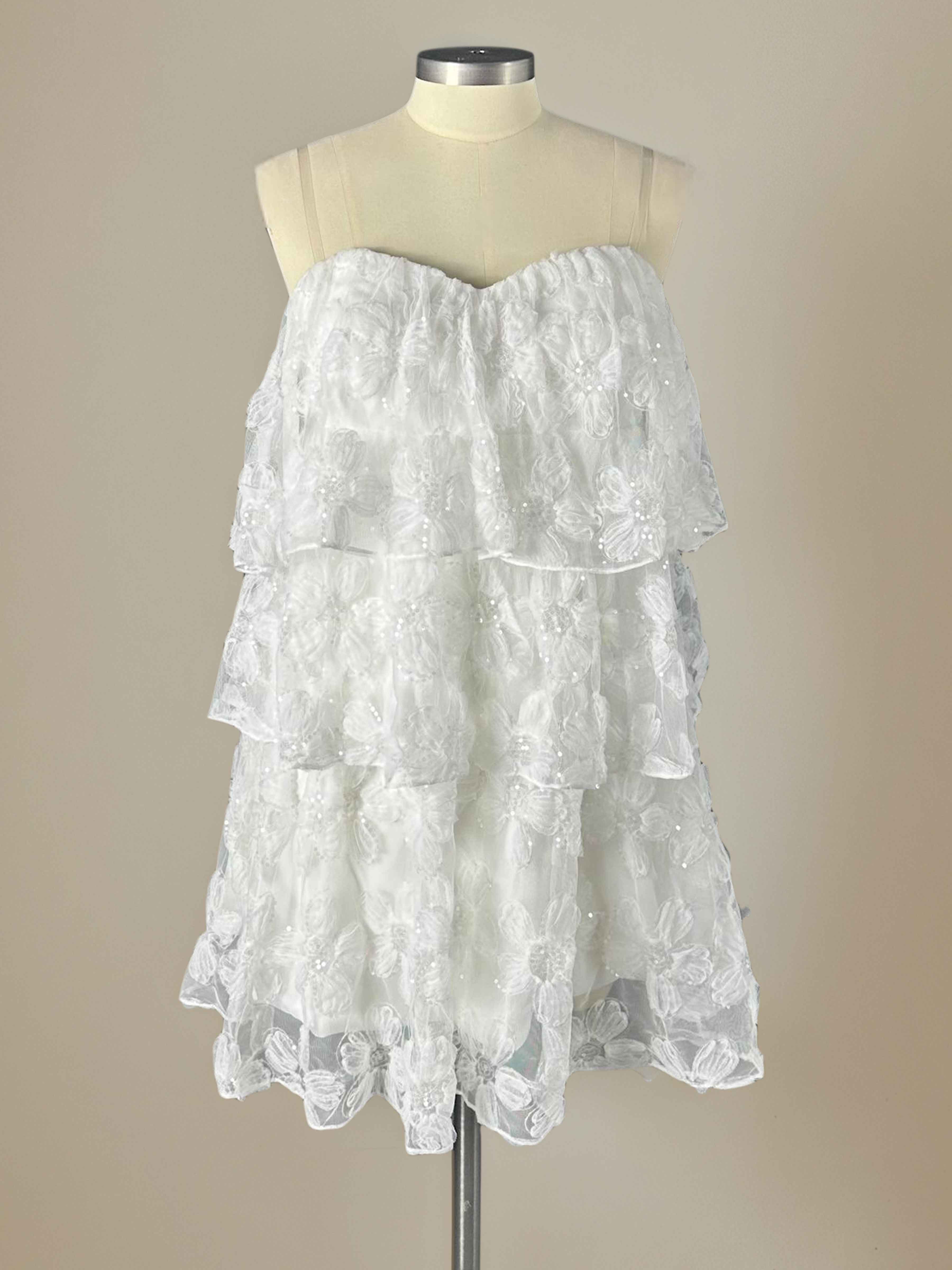 Casual Strapless Tiered Floral Sequin Mini Dress