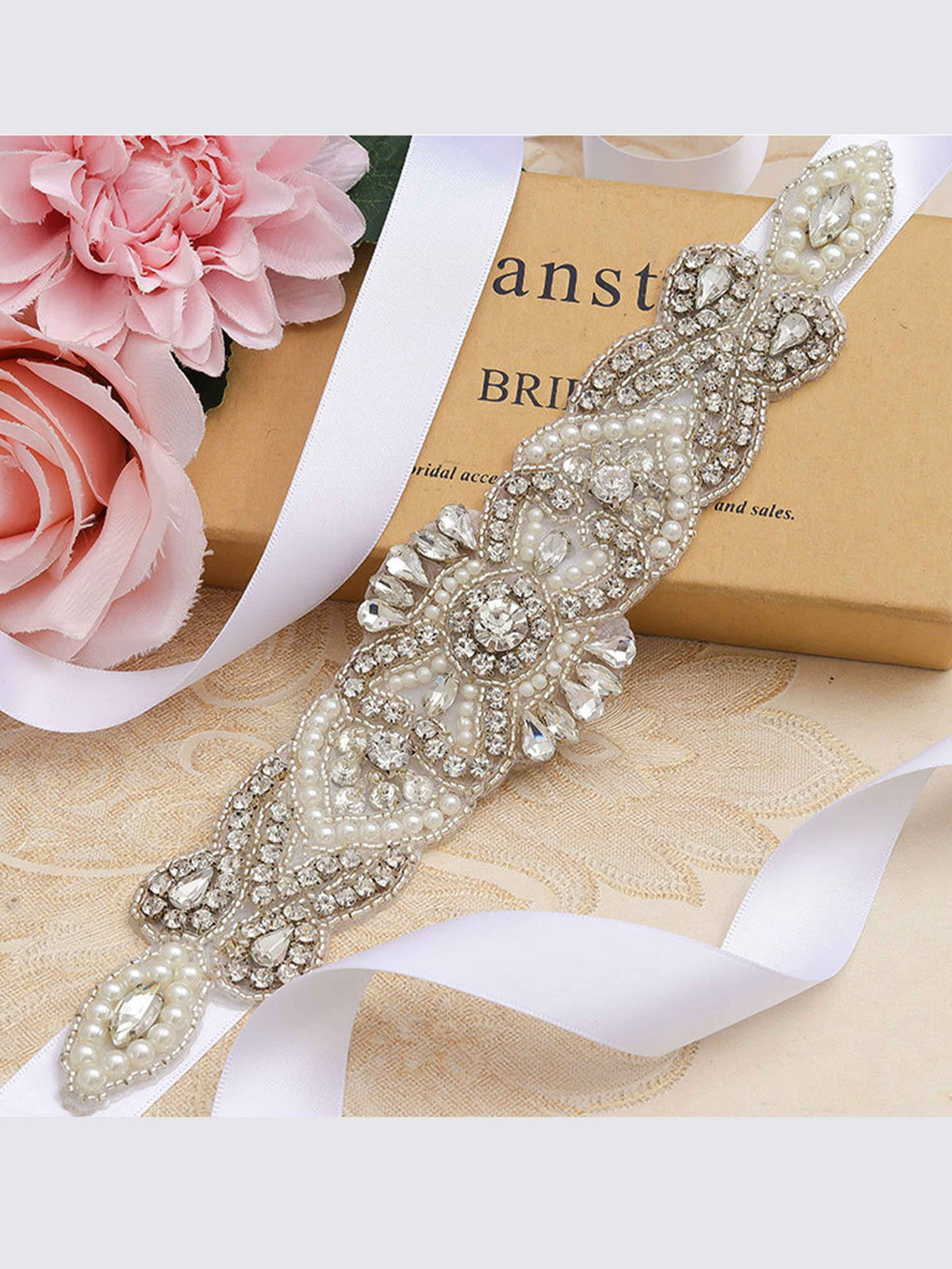Vintage Crystal Pearl Waistband, Luxurious Ribbon Sash Belt UK