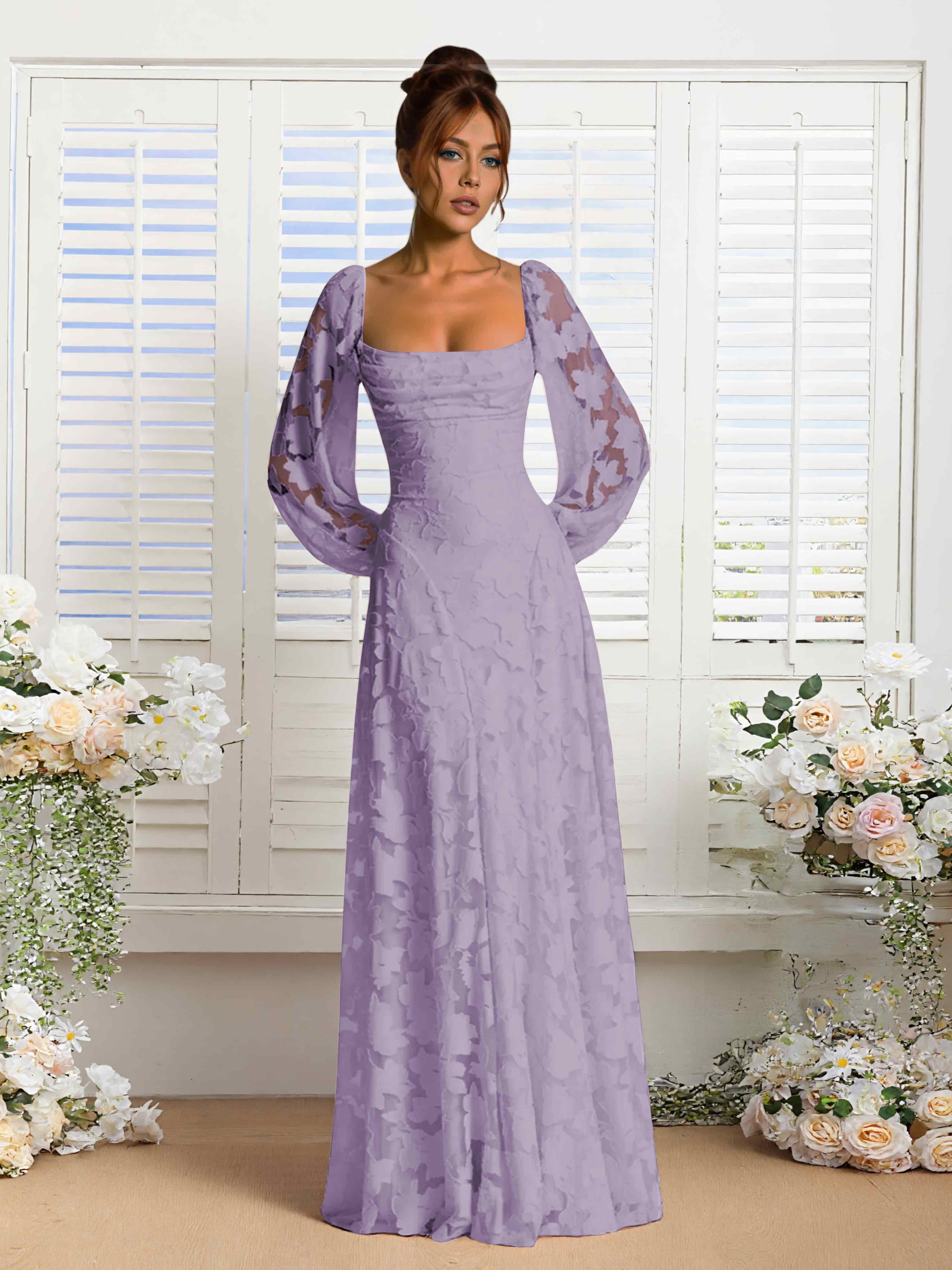 Xandra Delicate Long Sleeves Ruched Long Floral Lace Formal Dresses