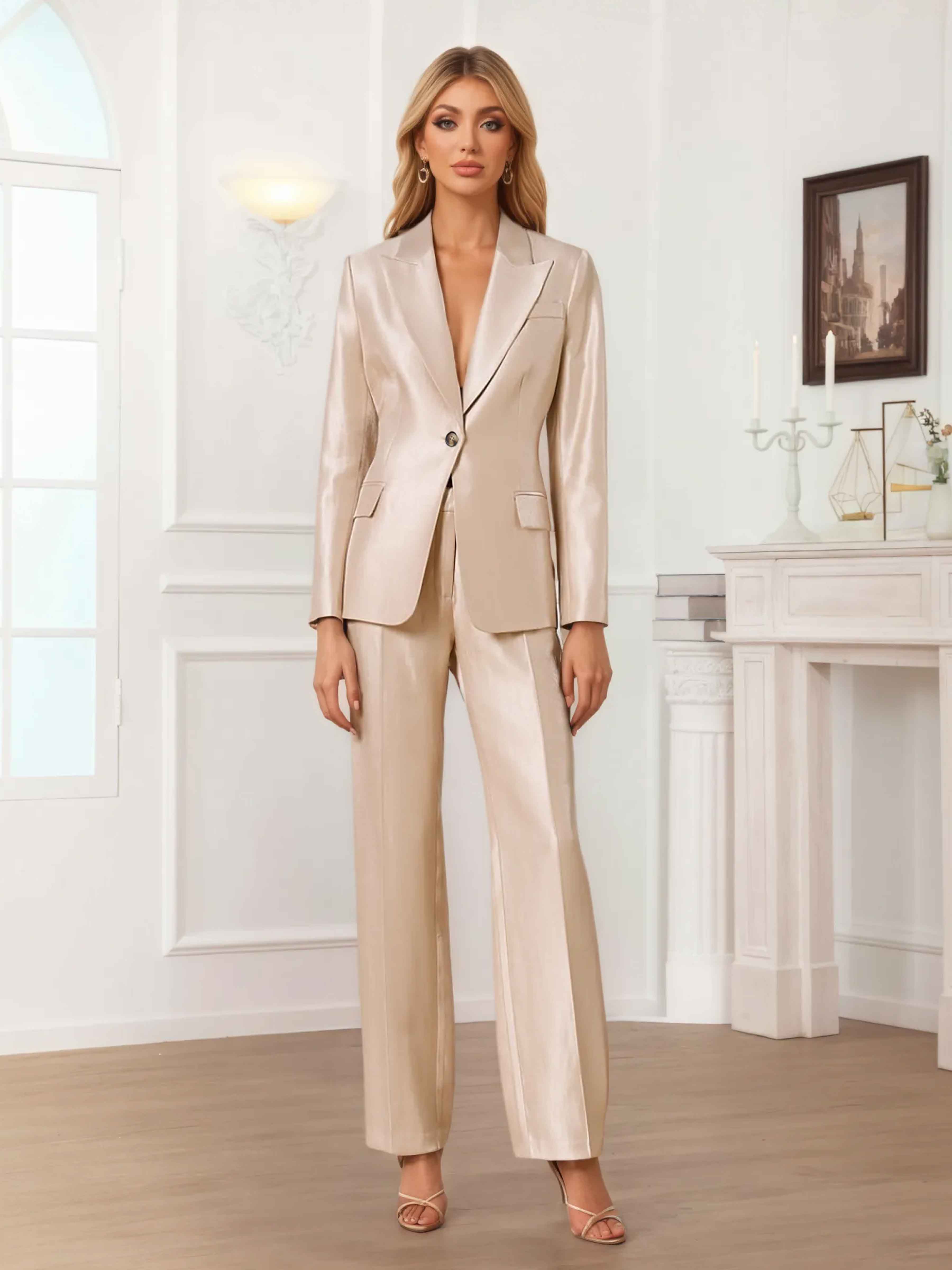 Women's 2 Pieces Peak Lapel One-Button Satin Formal Suit Set UK