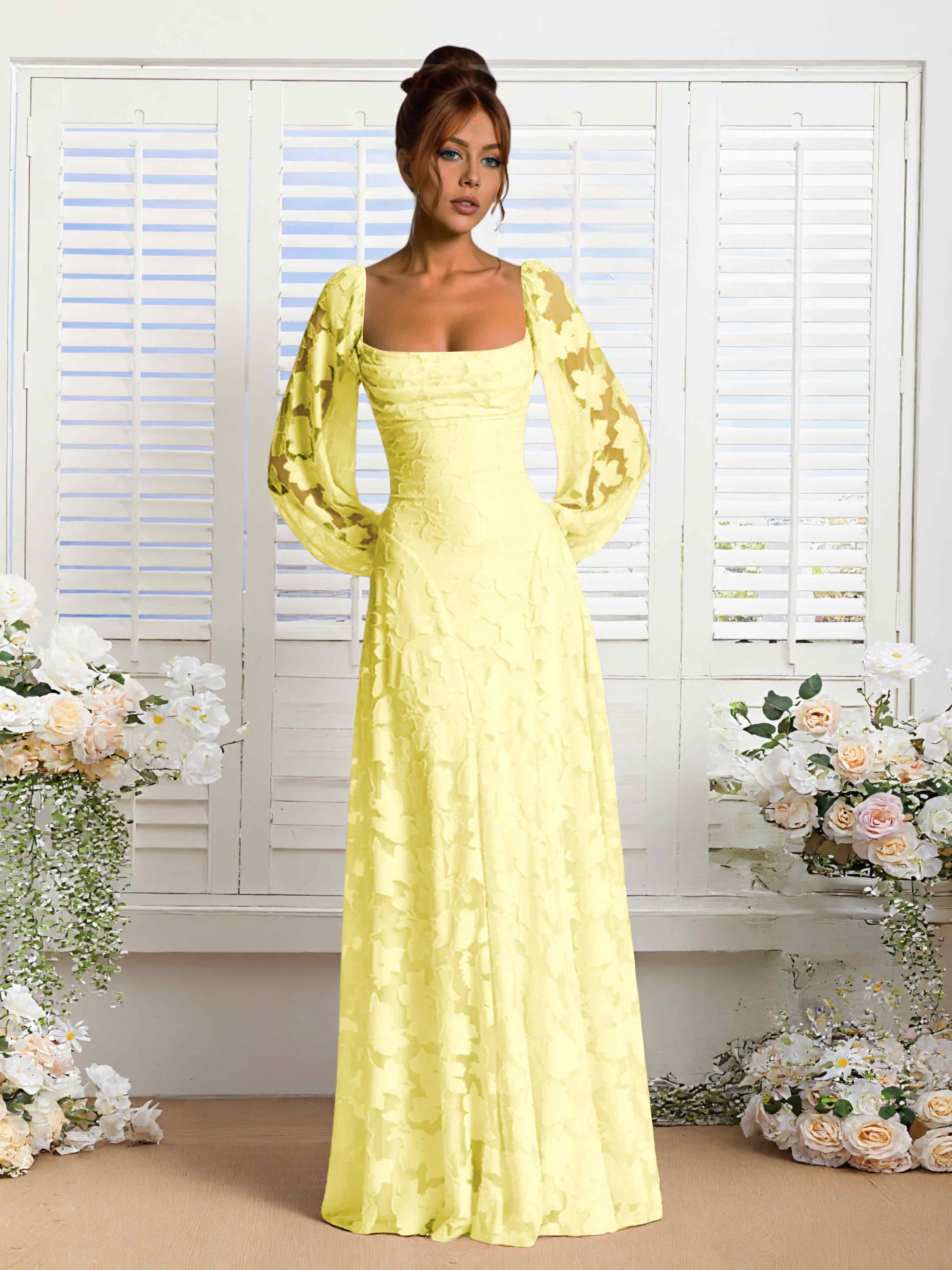 Xandra Delicate Long Sleeves Ruched Long Floral Lace Formal Dresses