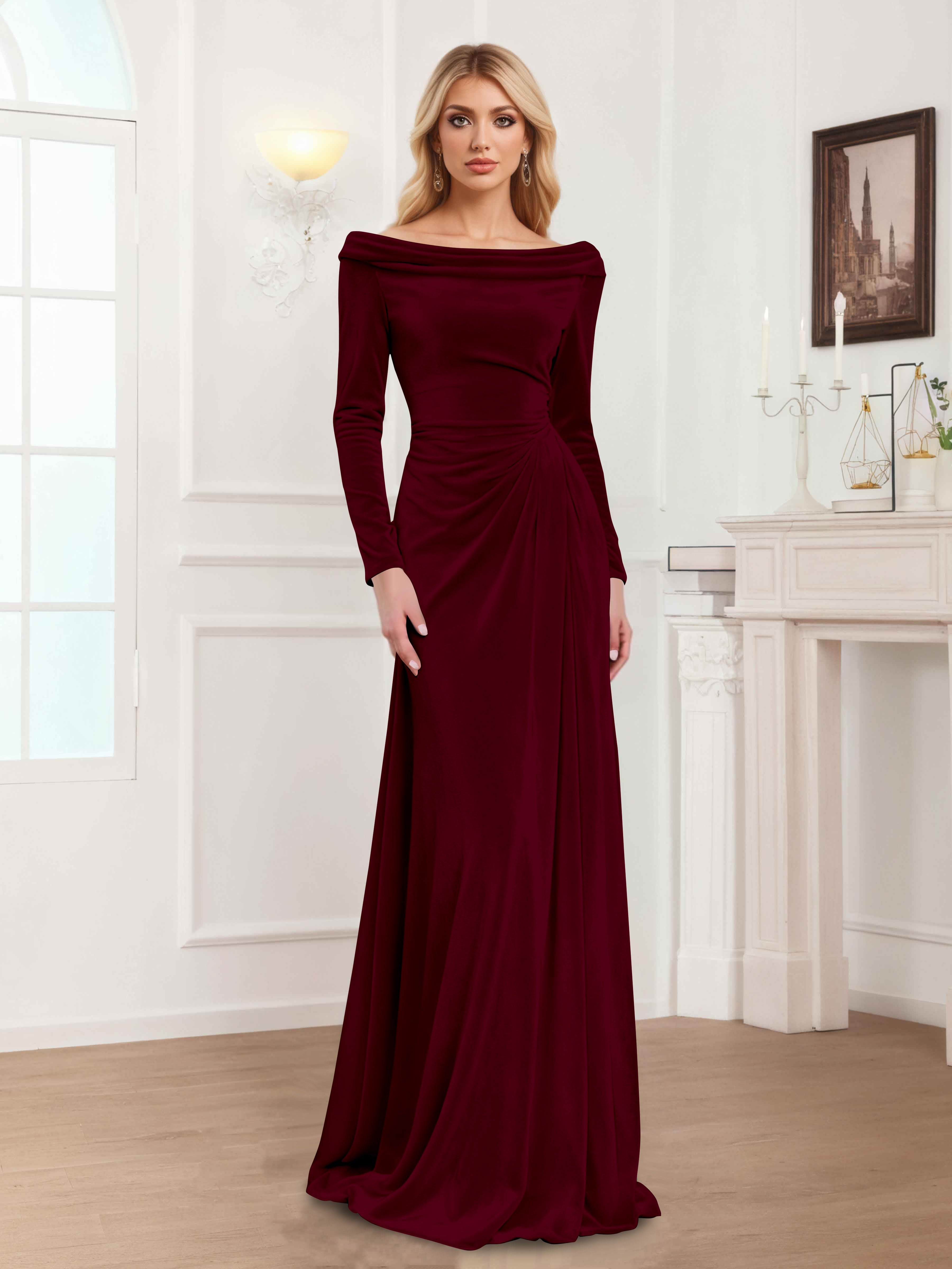 Zanna Elegant Long Sleeves Pleated Long Velvet Mother Of The Bride Dresses