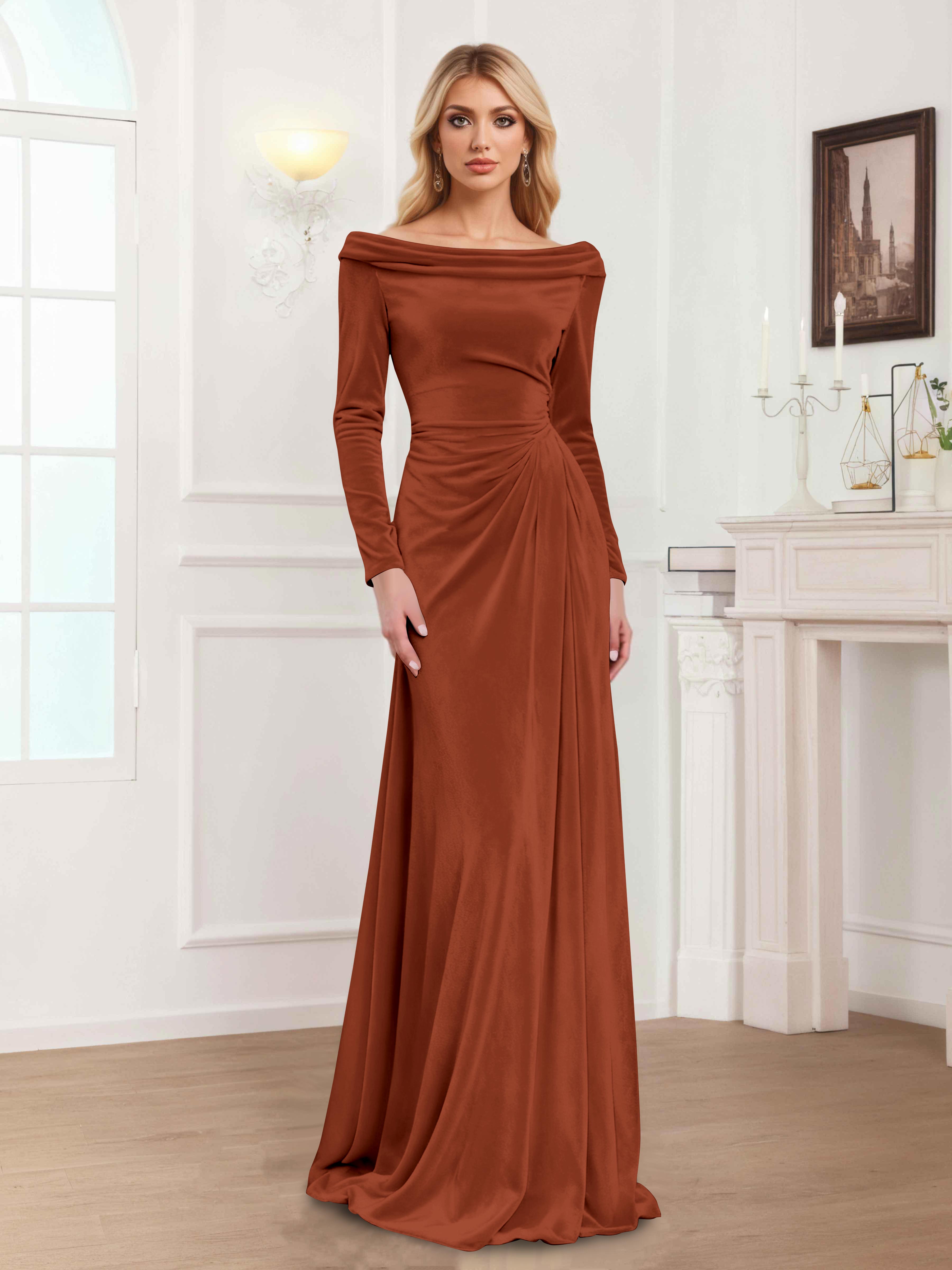 Zanna Elegant Long Sleeves Pleated Long Velvet Mother Of The Bride Dresses