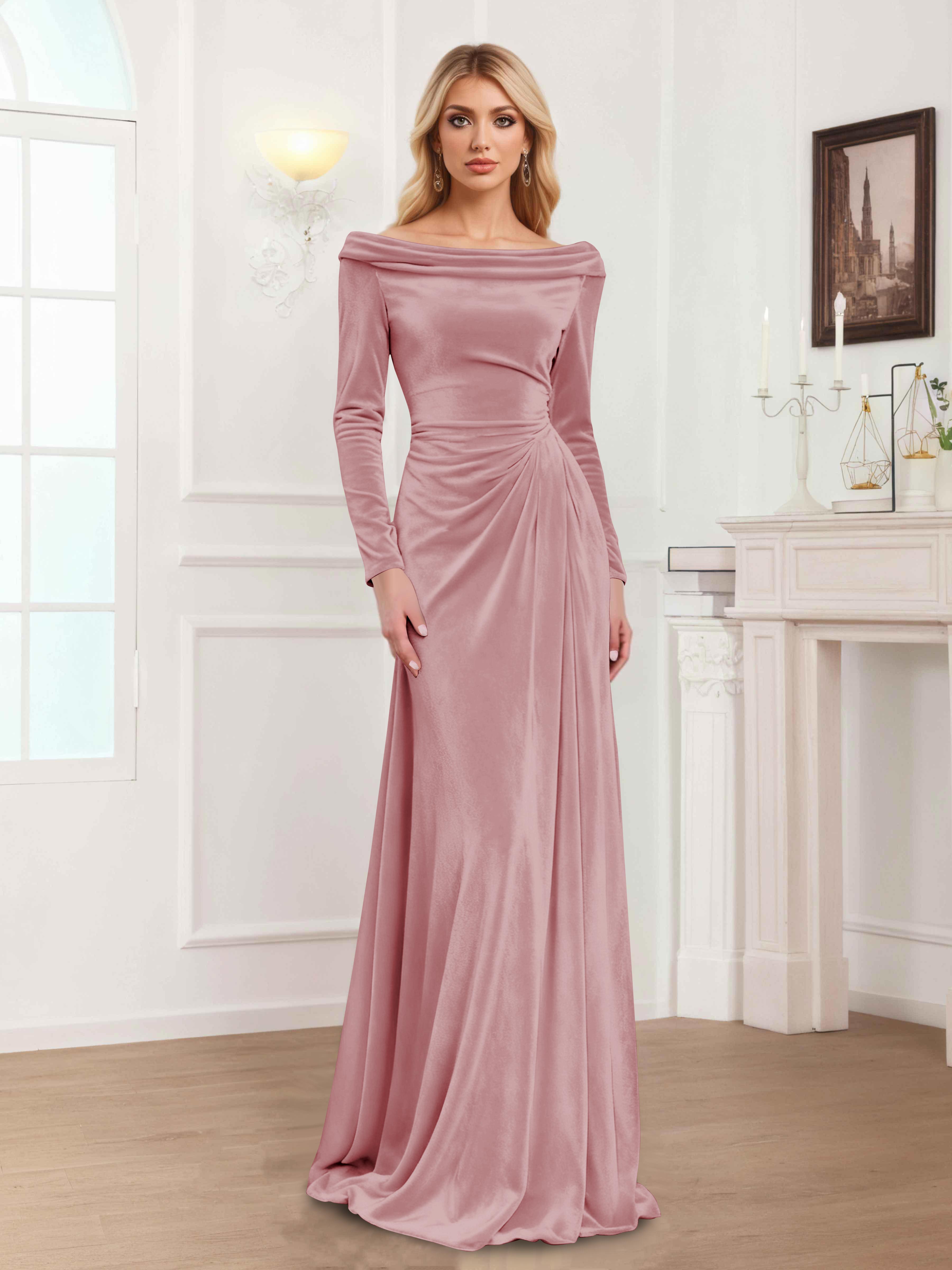 Zanna Elegant Long Sleeves Pleated Long Velvet Mother Of The Bride Dresses