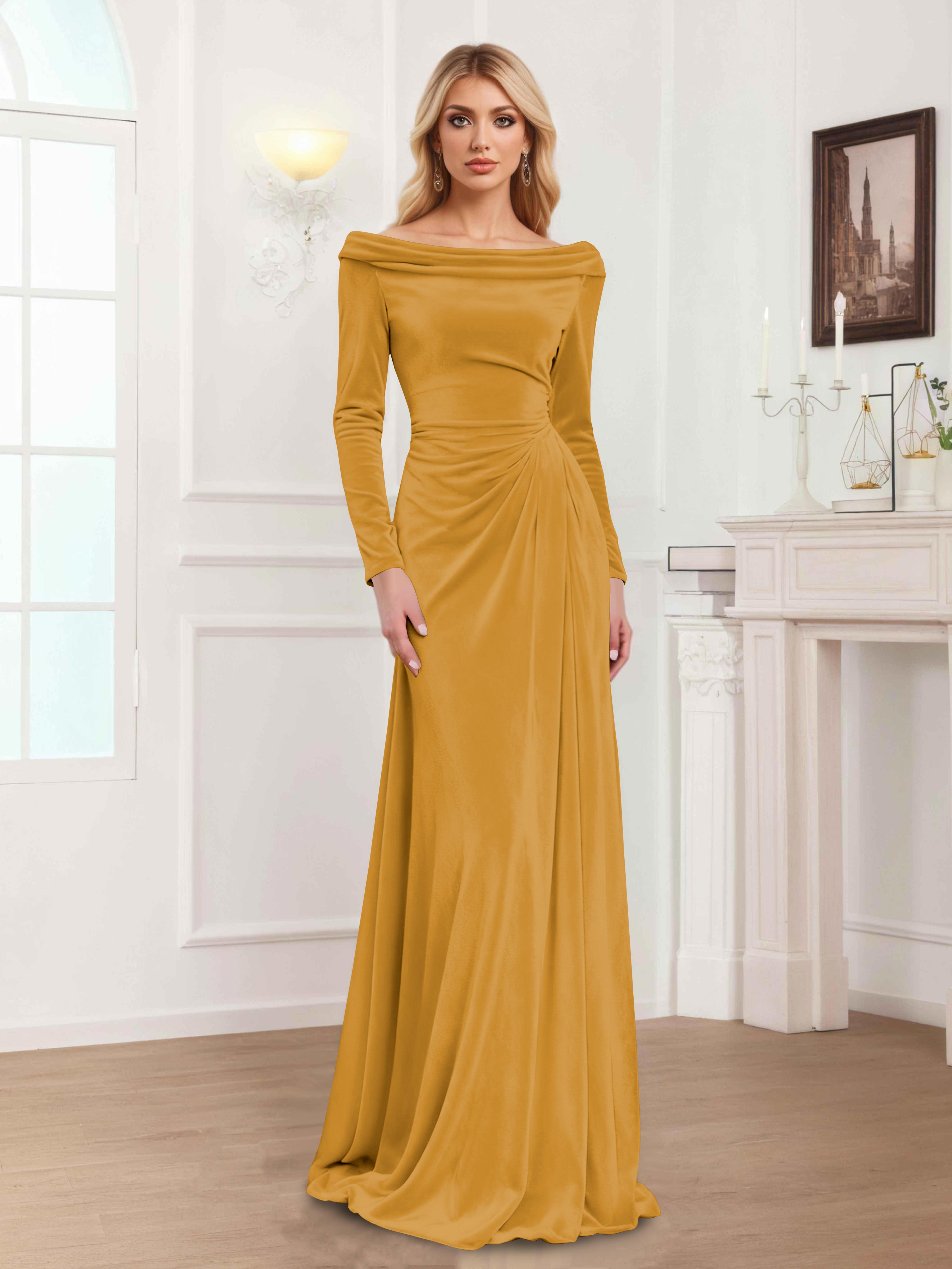 Zanna Elegant Long Sleeves Pleated Long Velvet Mother Of The Bride Dresses