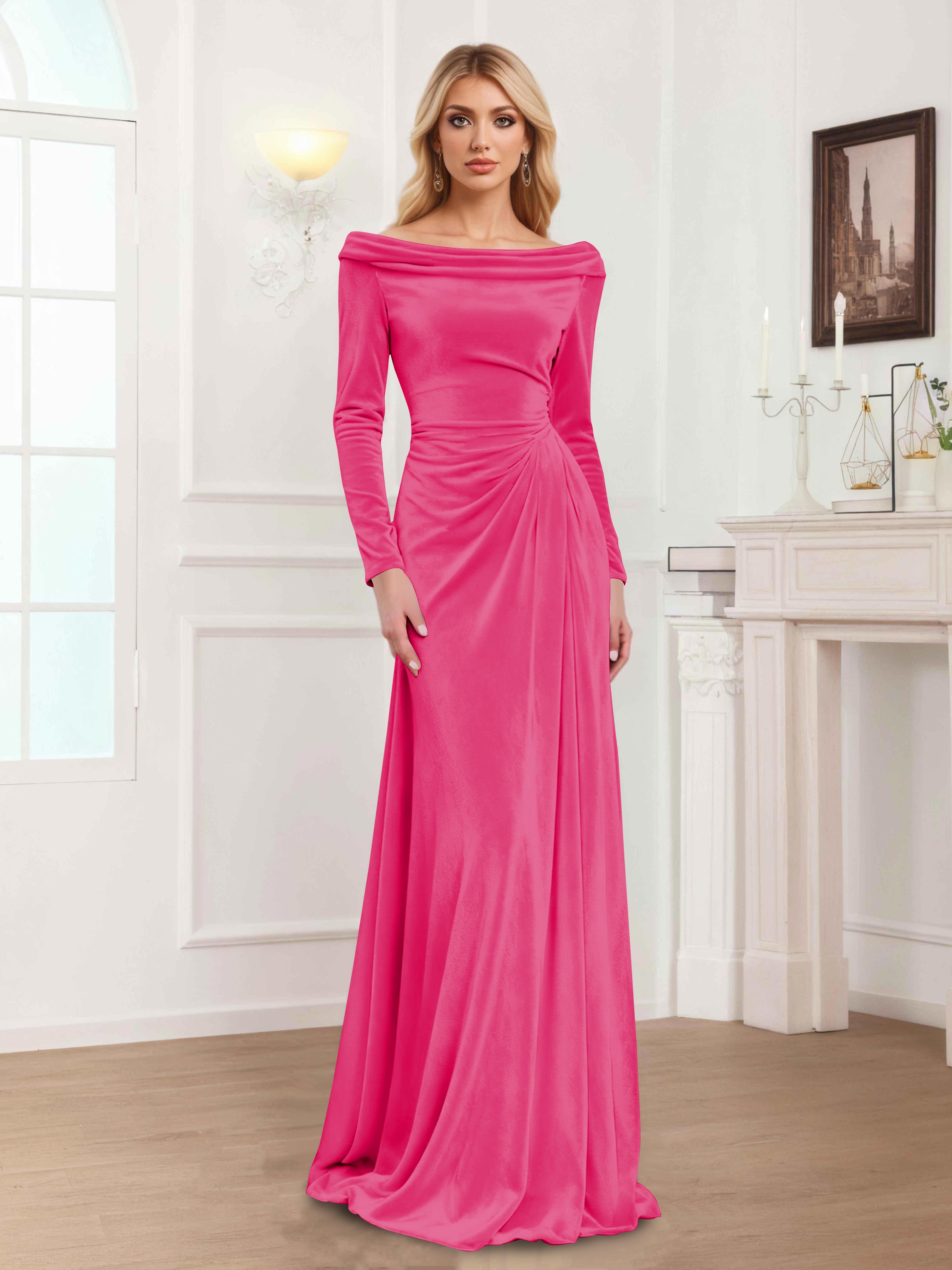Zanna Elegant Long Sleeves Pleated Long Velvet Mother Of The Bride Dresses
