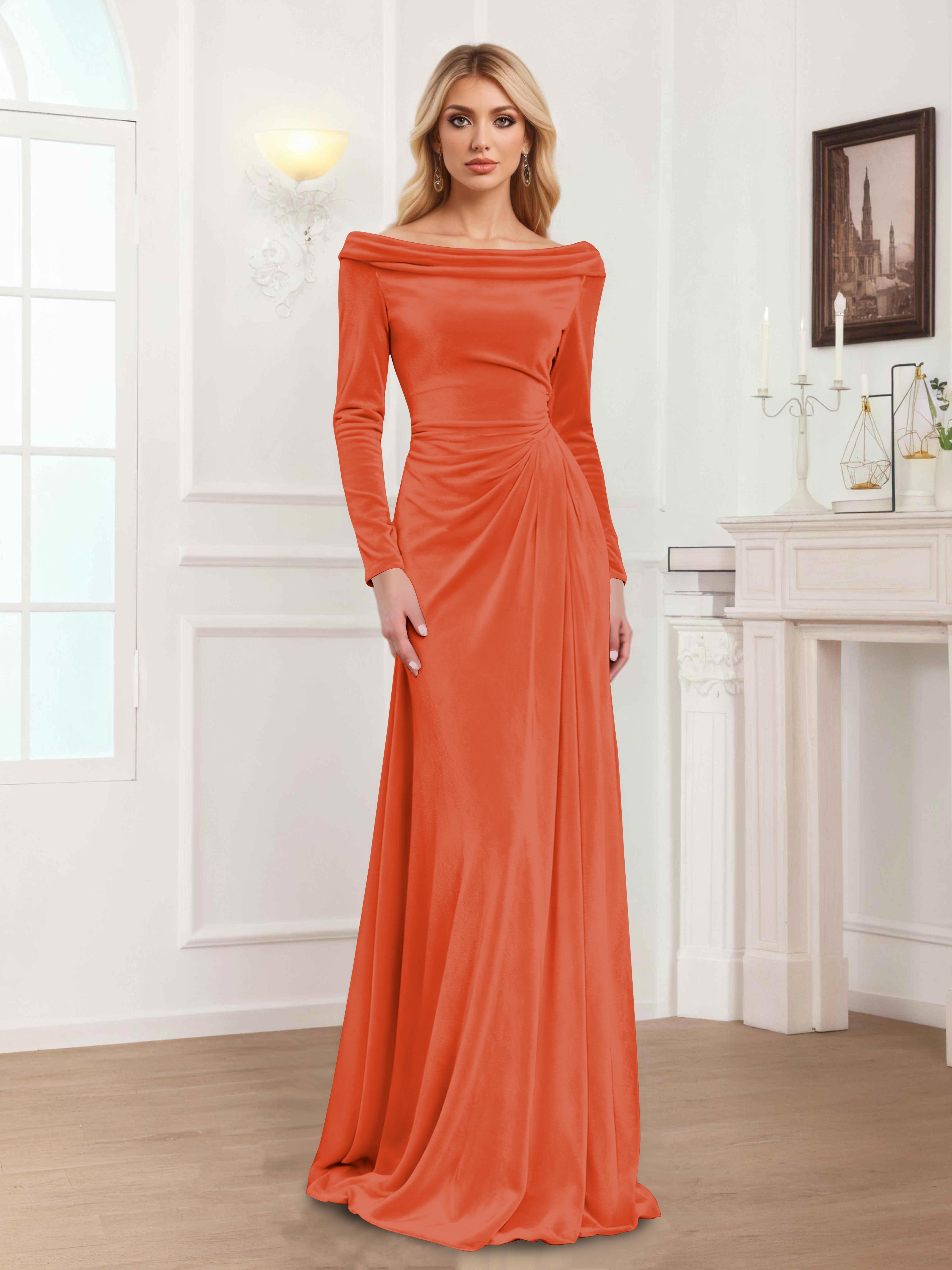 Zanna Elegant Long Sleeves Pleated Long Velvet Mother Of The Bride Dresses