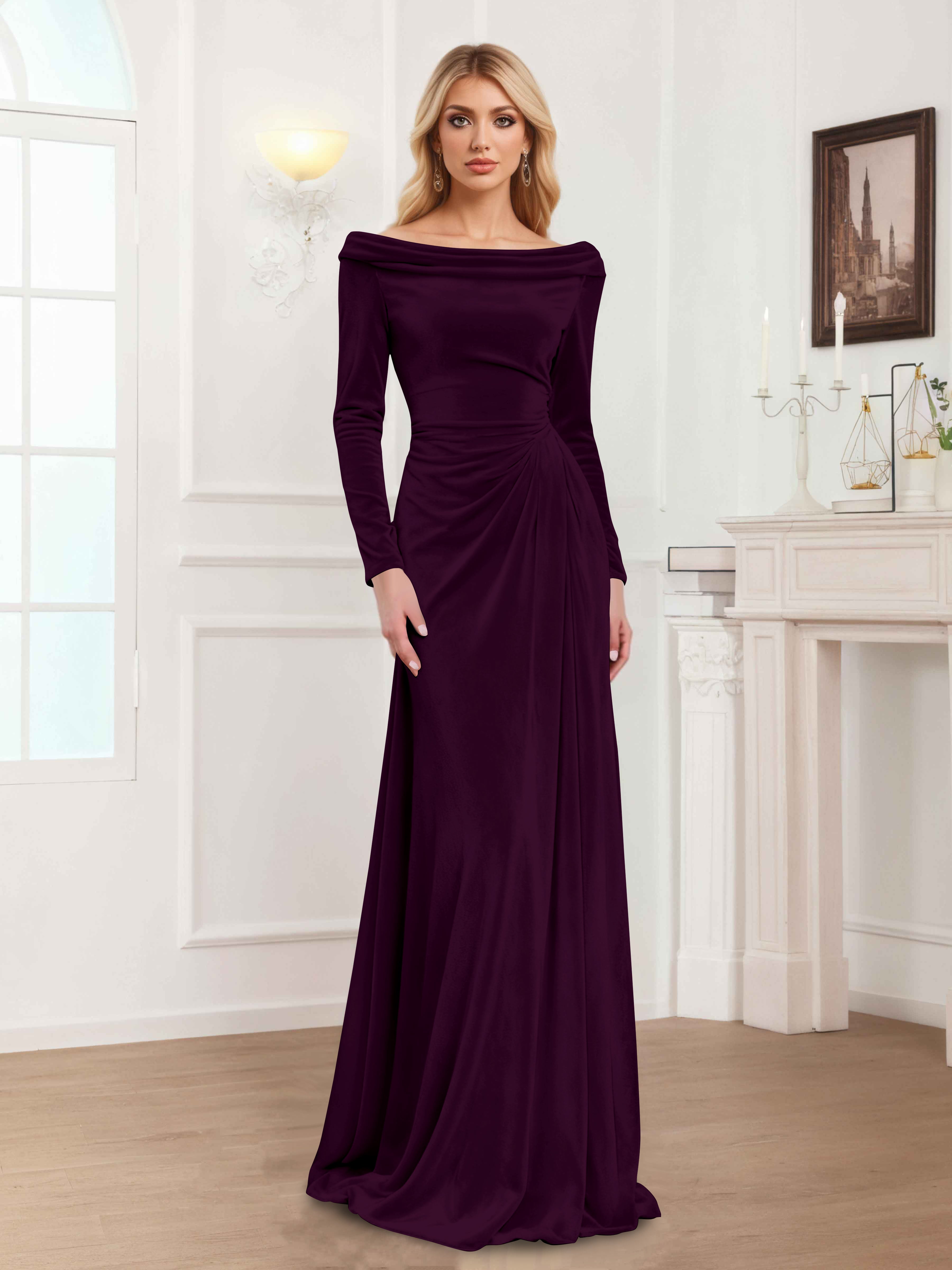 Zanna Elegant Long Sleeves Pleated Long Velvet Mother Of The Bride Dresses