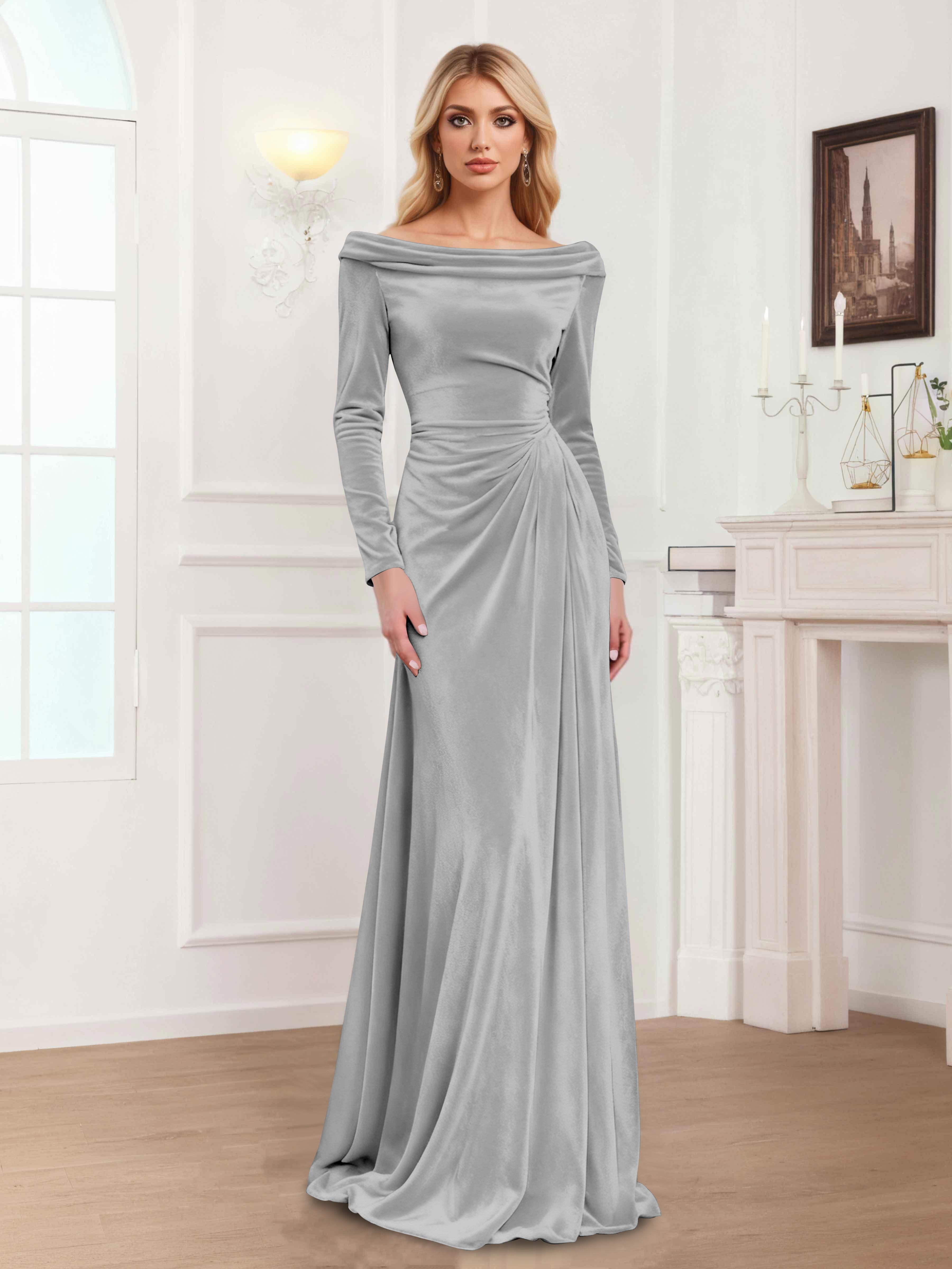 Zanna Elegant Long Sleeves Pleated Long Velvet Mother Of The Bride Dresses